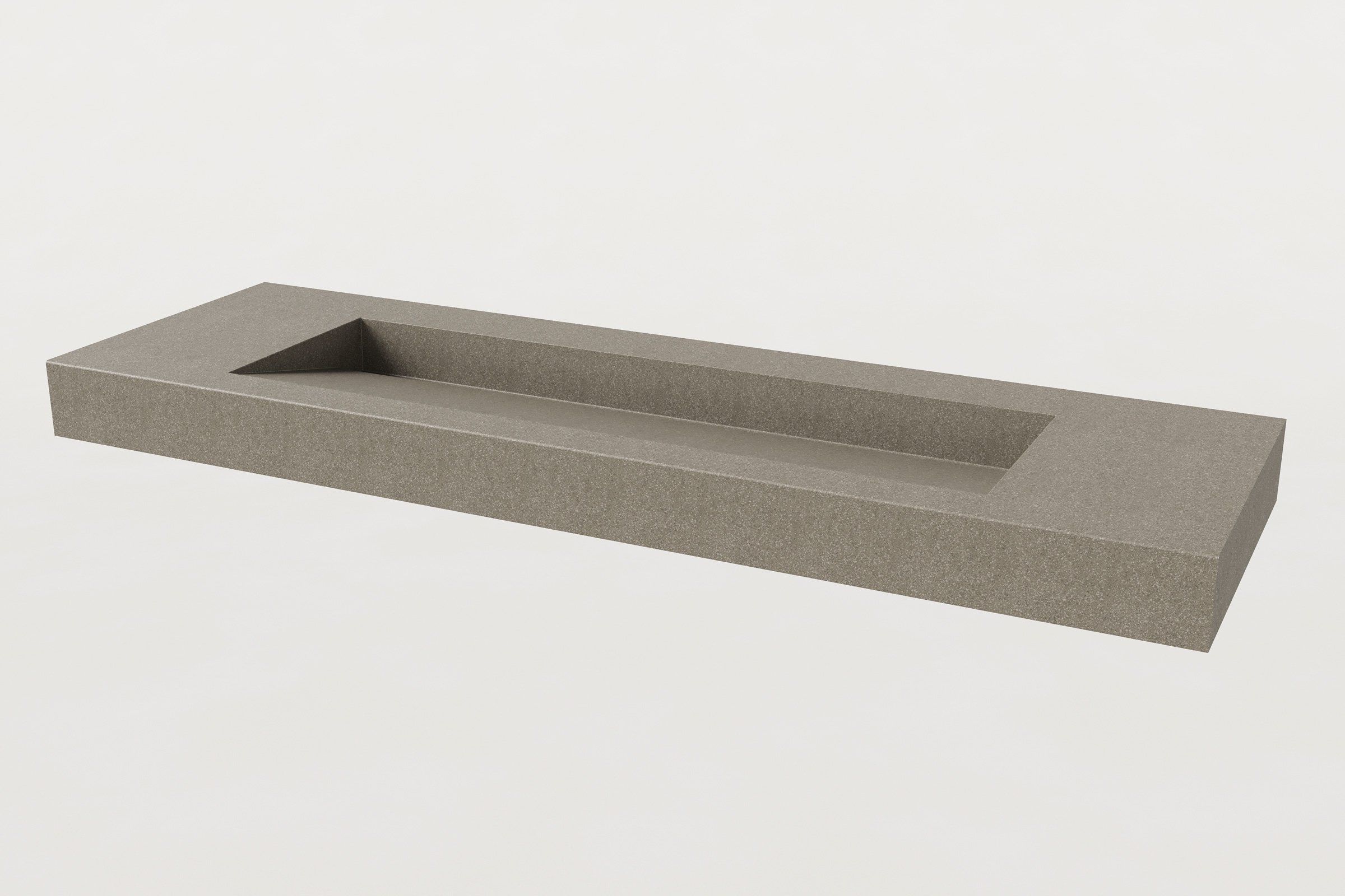 A concrete sink in a taupe-grey tone with a long rectangular basin and no faucet or backsplash, shown on a plain white background.