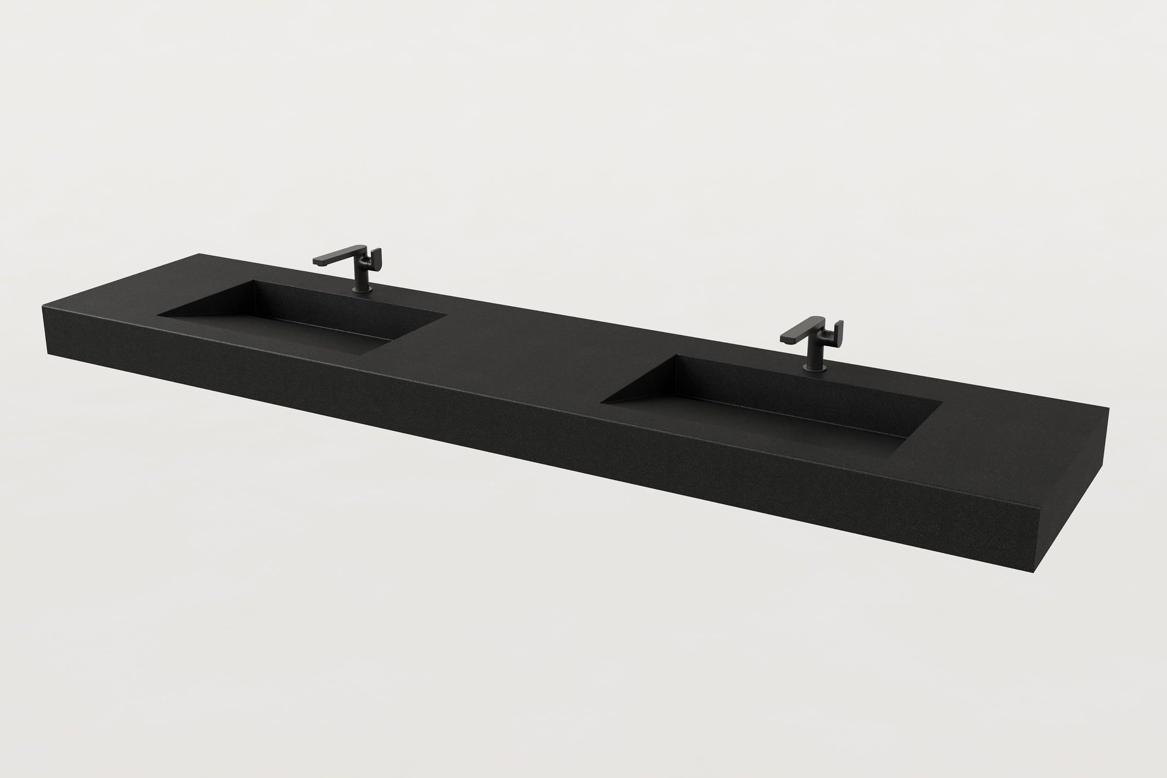 Black double-basin Trof sink with faucets.