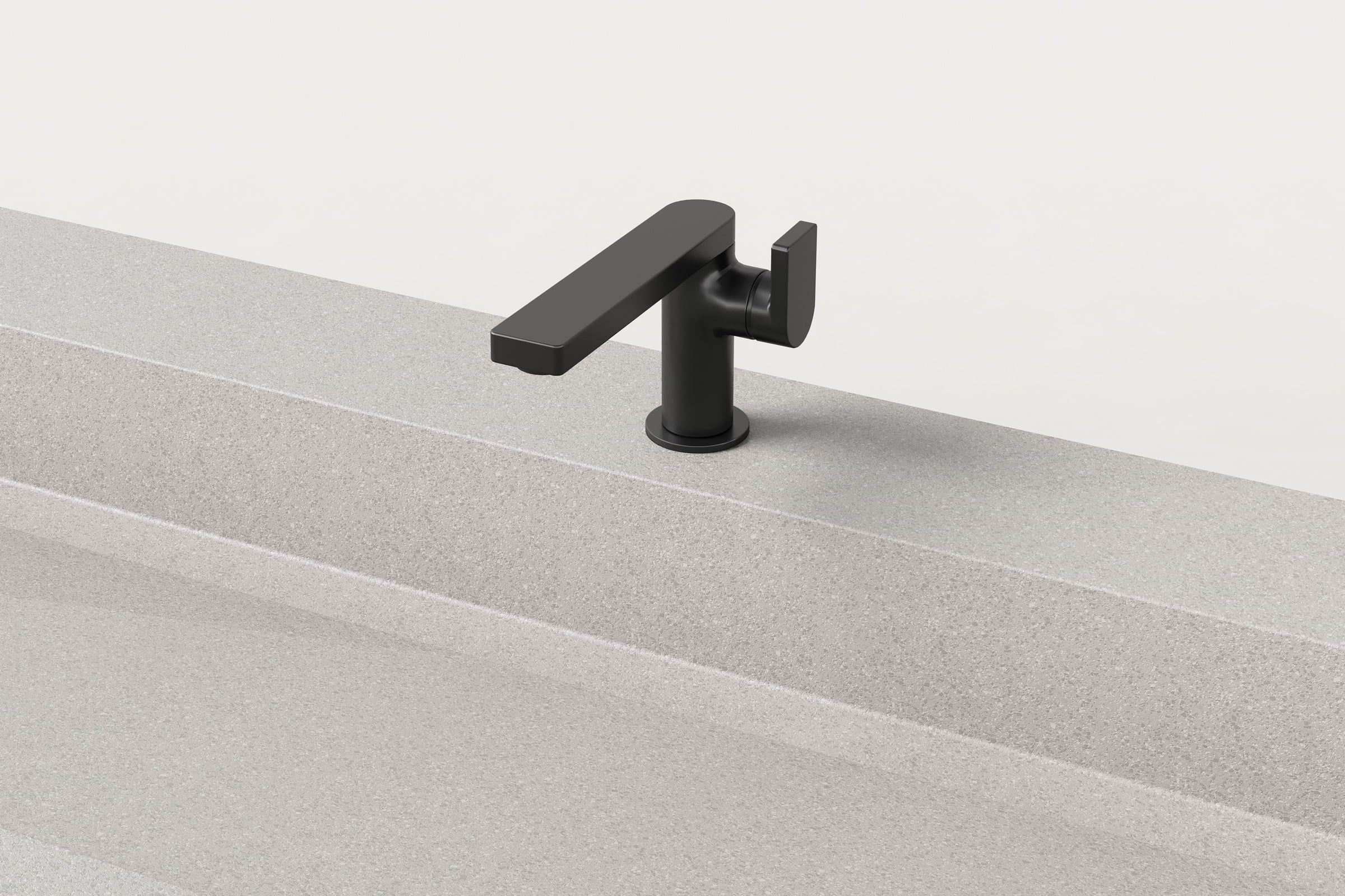 Close-up of matte black faucet on Fog Trof sink.