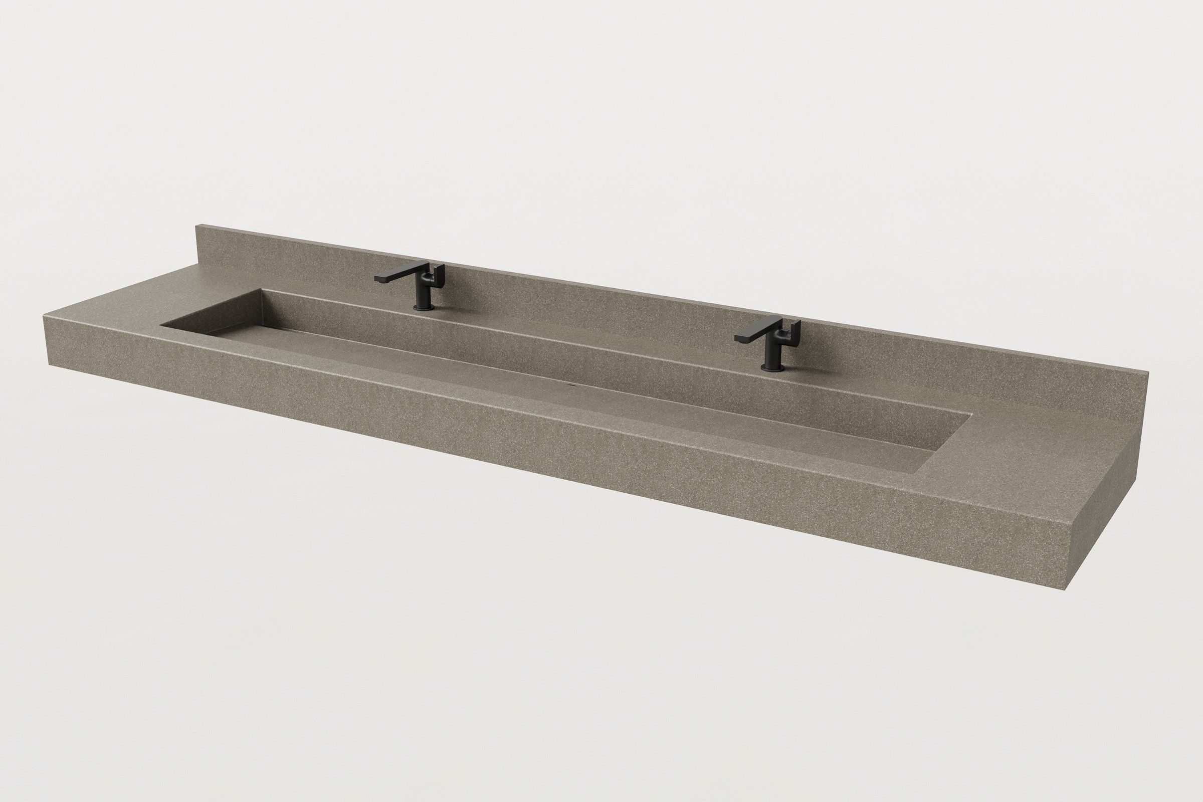Wide-angle view of concrete trough sink in hurricane finish with integrated backsplash and two faucets.