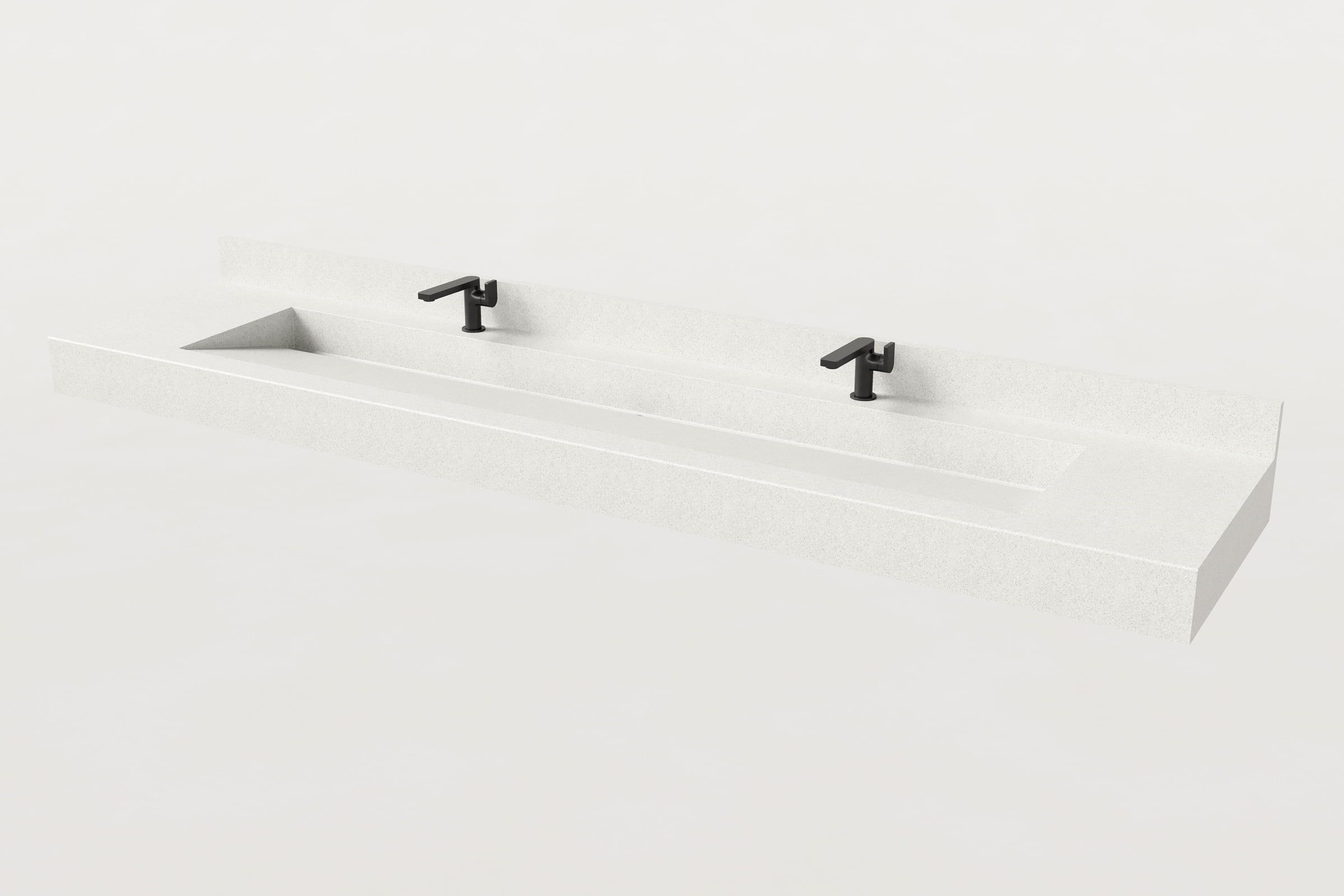 White double-faucet Trof sink with backsplash.