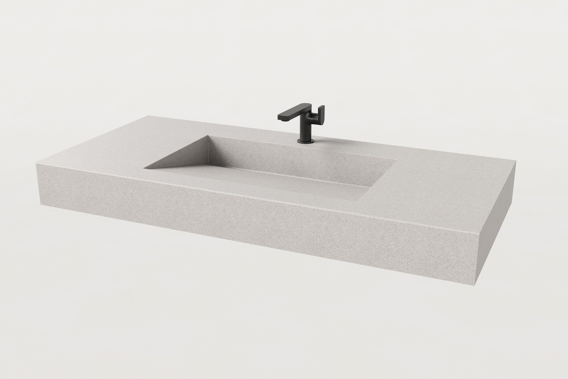 Modern Manos Trof Flow 48-inch concrete sink in Fog with matte black faucet fixture.