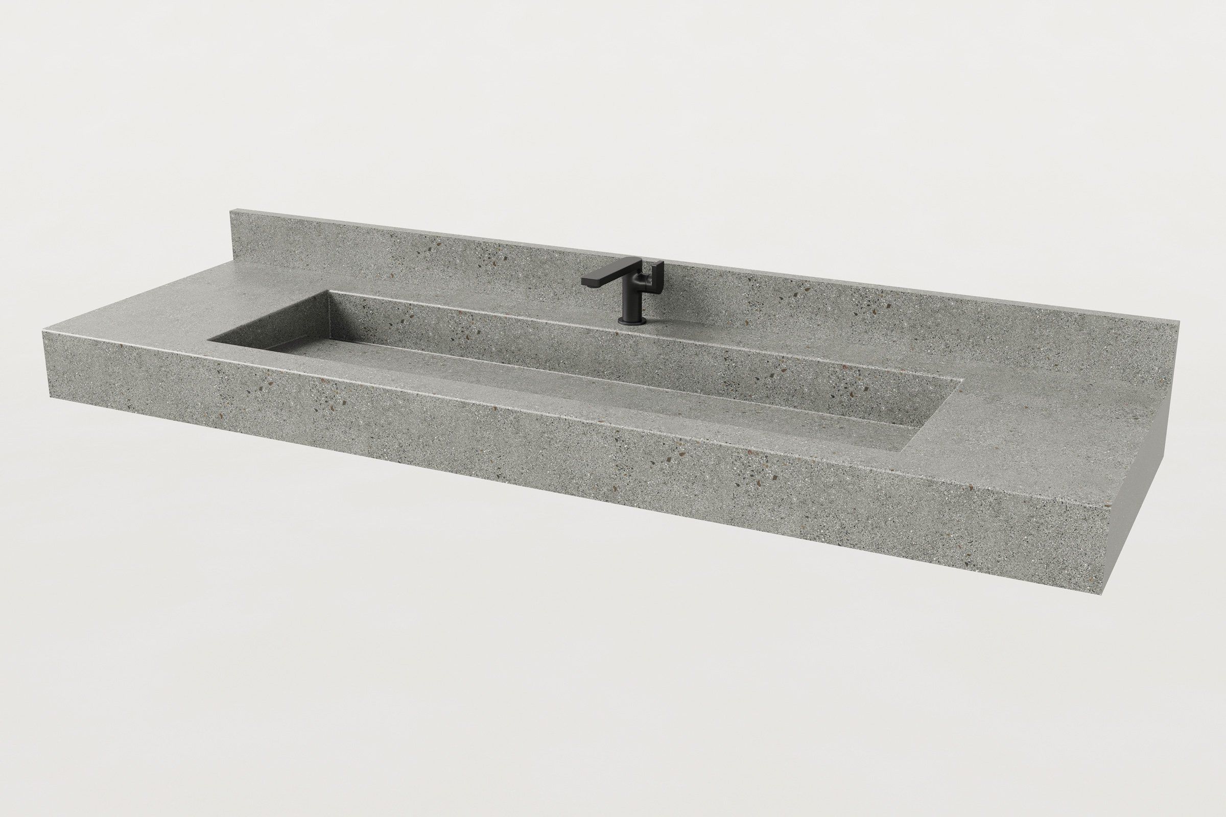 Concrete Trof Drop 72 sink in Juda finish with matte black faucet and integrated backsplash, angled view.