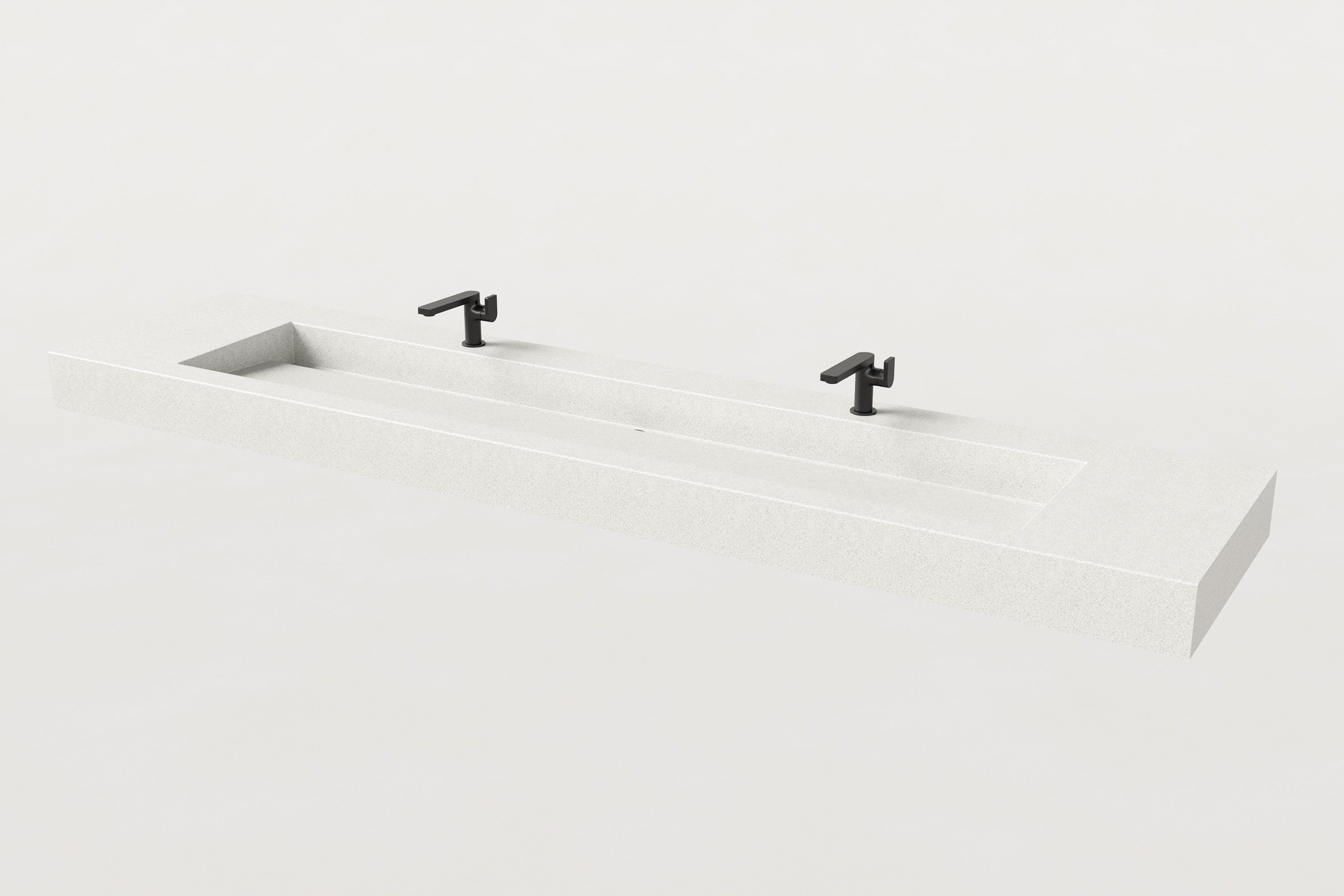 A modern white concrete sink with a long rectangular basin and two black matte faucets evenly spaced above it.