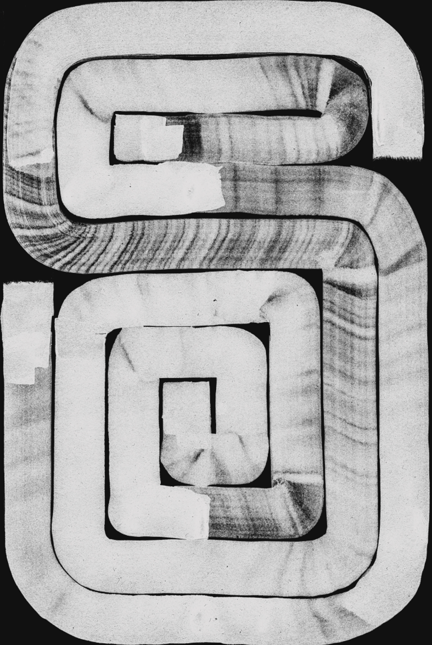 Black and white abstract design with concentric rectangular spirals showing wood grain texture against dark background.