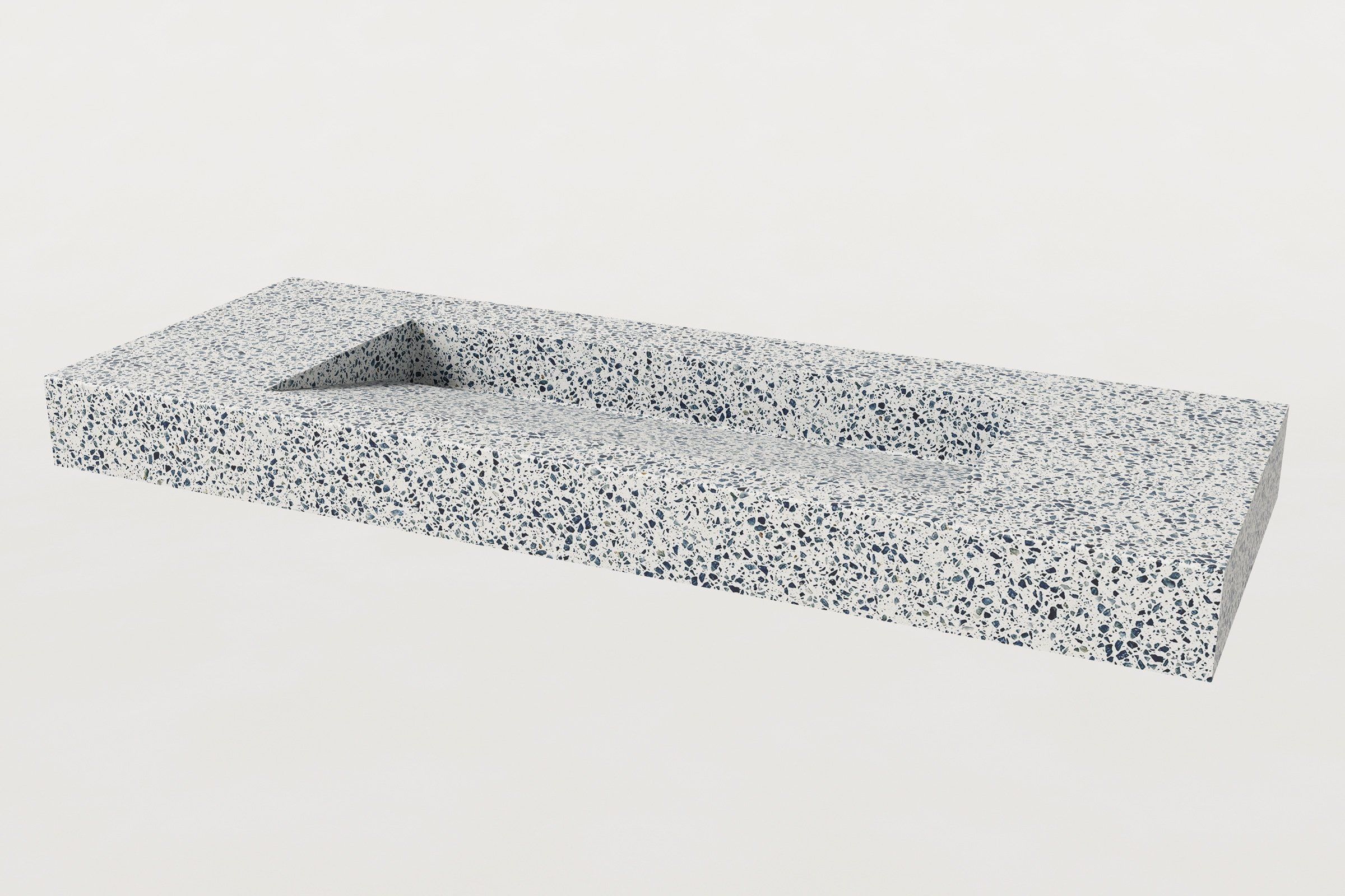 Rectangular terrazzo sink in Unazzo colorway with a blue-and-white speckled pattern, no faucet.
