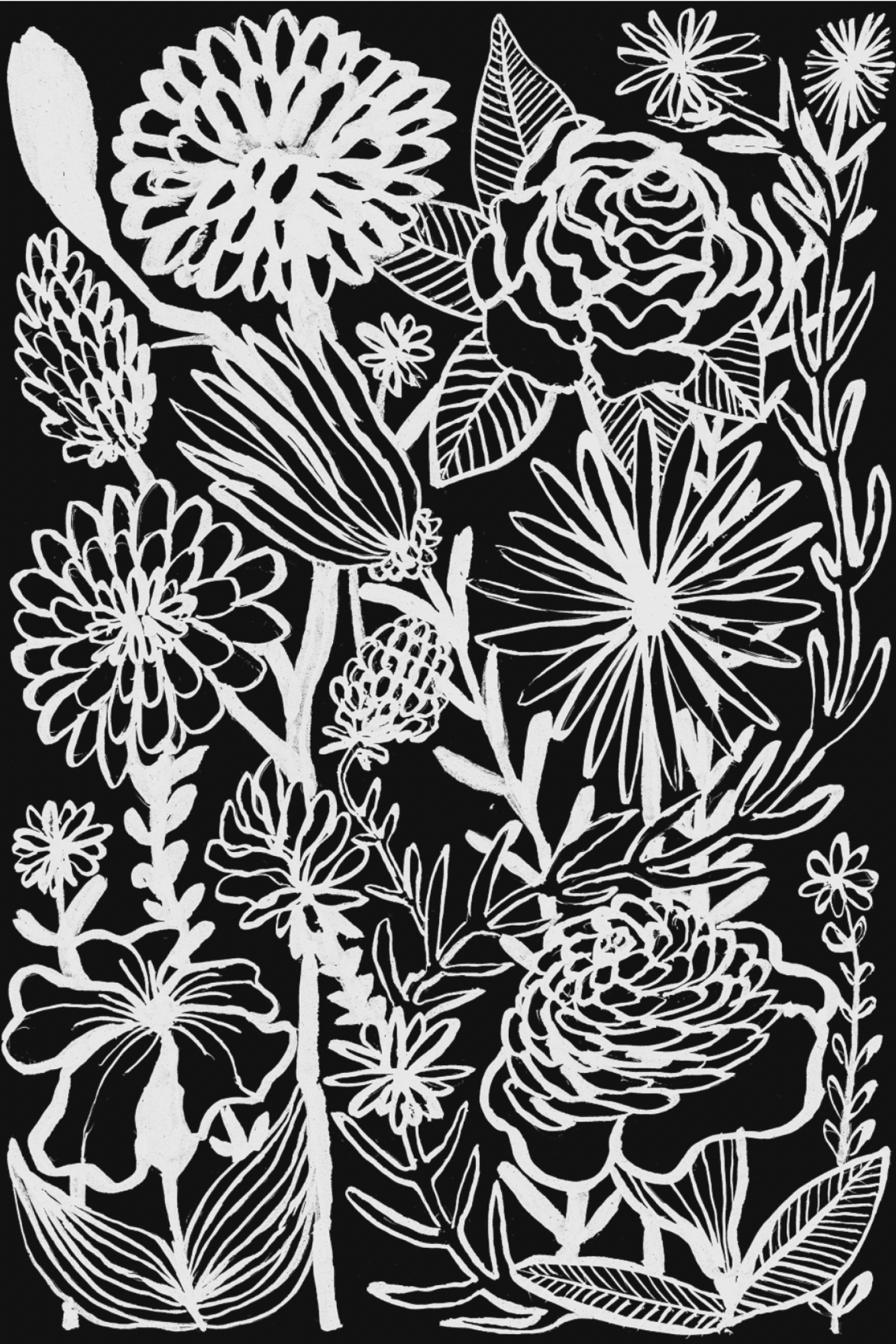 Black and white floral illustration with various white flower types including daisies, roses, and sunflowers with leaves and stems against a black background.