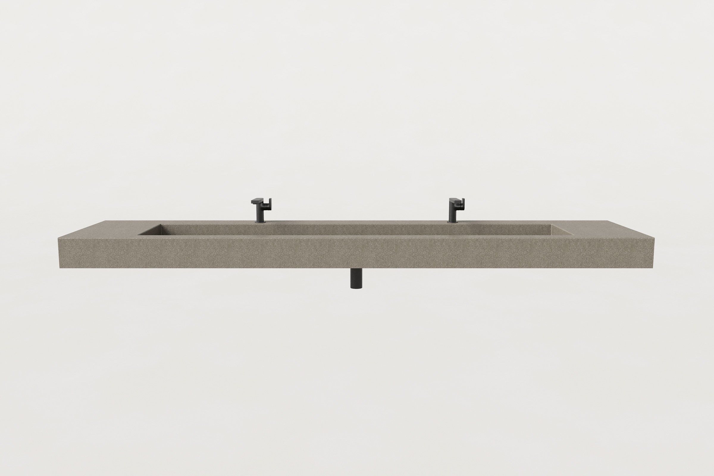 Front view of wall-mounted concrete trough sink in hurricane finish with two faucets.