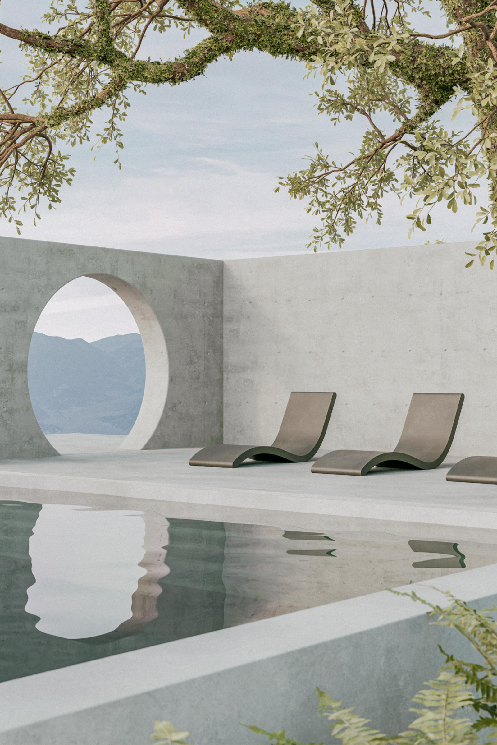Minimalist pool terrace with curved grey concrete loungers and circular concrete portal framing mountain views. Concrete walls and overhanging foliage create a serene retreat."