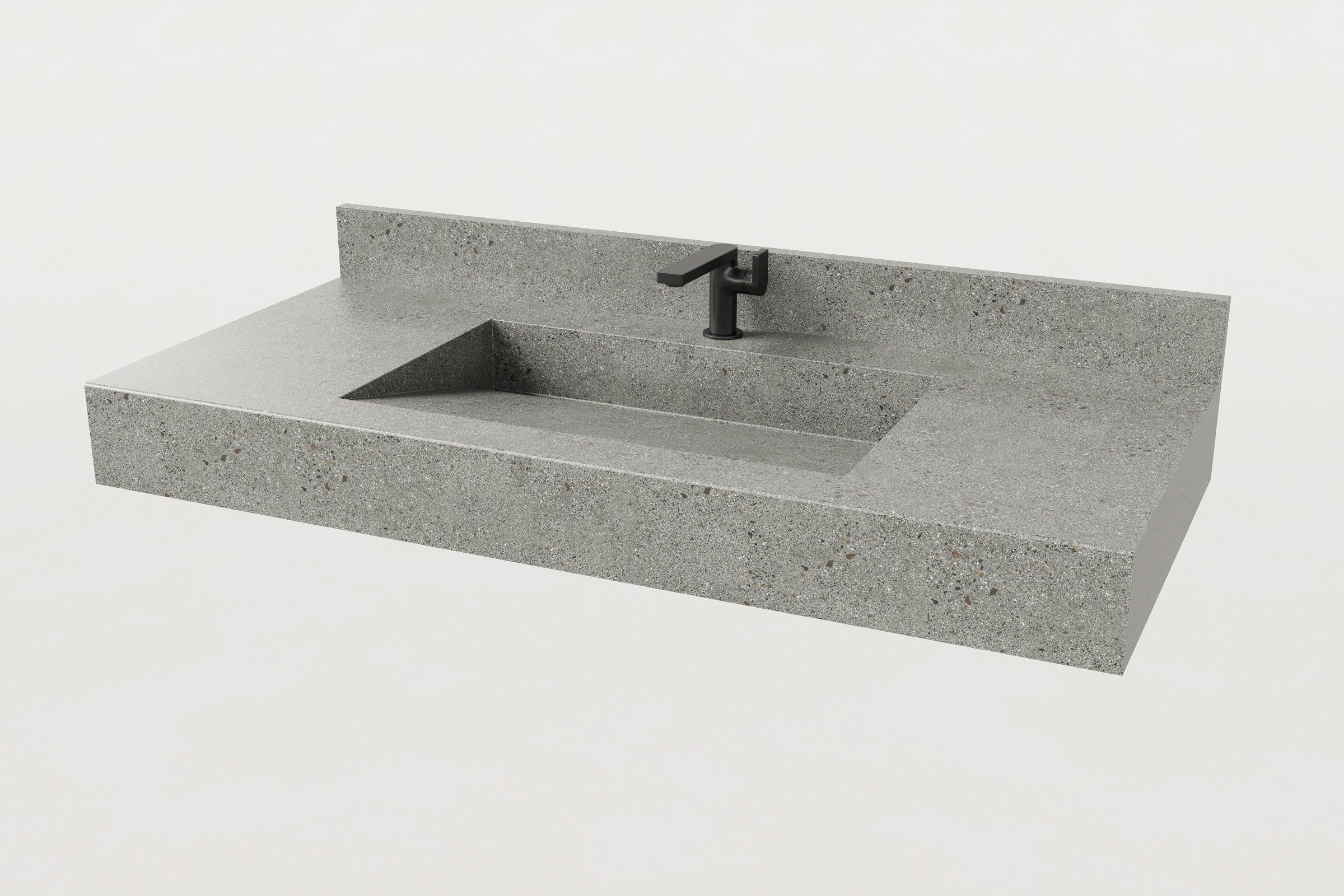 Juda finish Trof Flow 48 sink with integrated backsplash and matte black faucet.