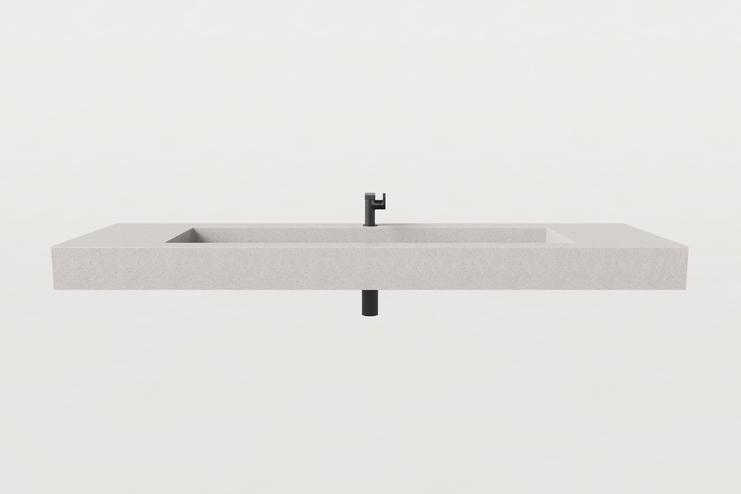 A straight-on front view of the Fog sink with faucet and drainpipe, emphasizing its balanced, architectural form.
