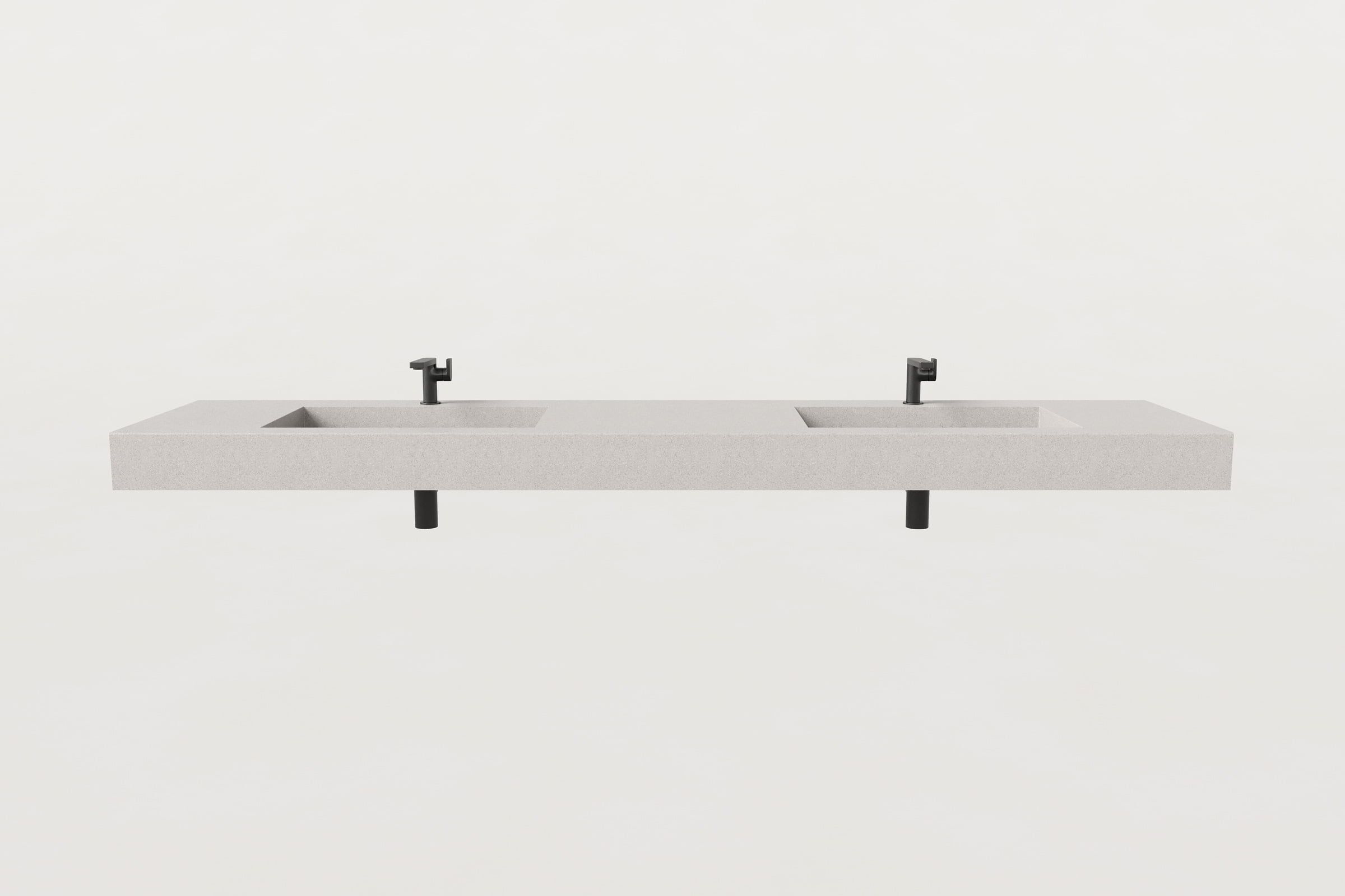 Front view of gray double-basin Trof sink with two drains.