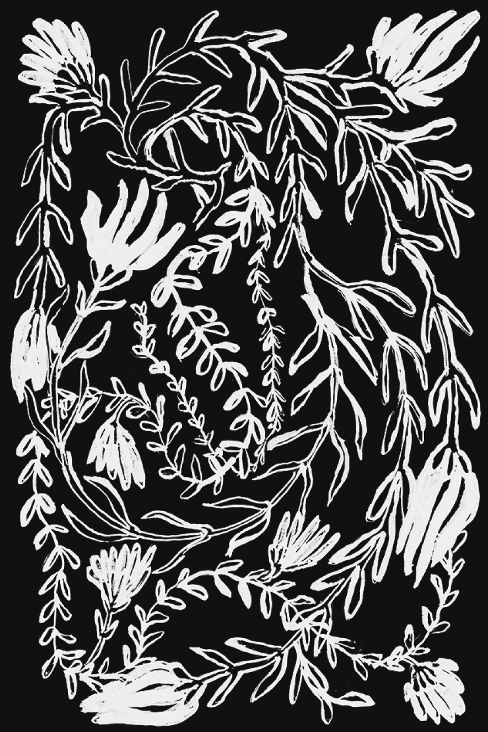 Black and white botanical illustration with white floral and leaf designs against a black background, showing flowing stems and stylized flowers.