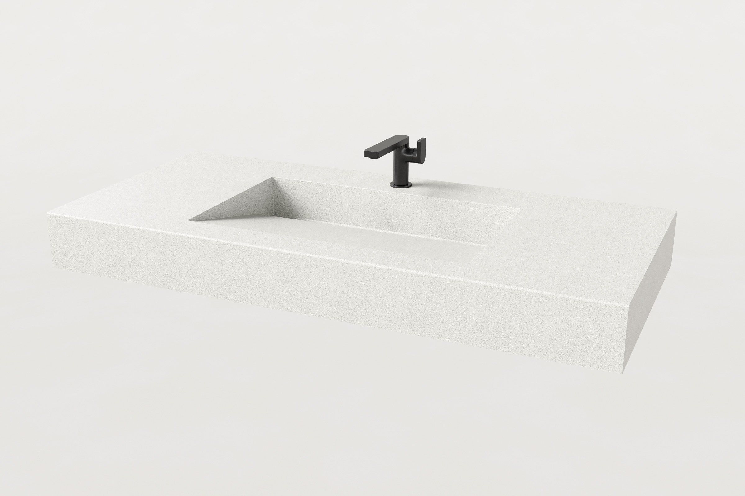 Modern concrete sink in Chalk finish with matte black faucet – Manos Trof Flow 48, sleek rectangular style.