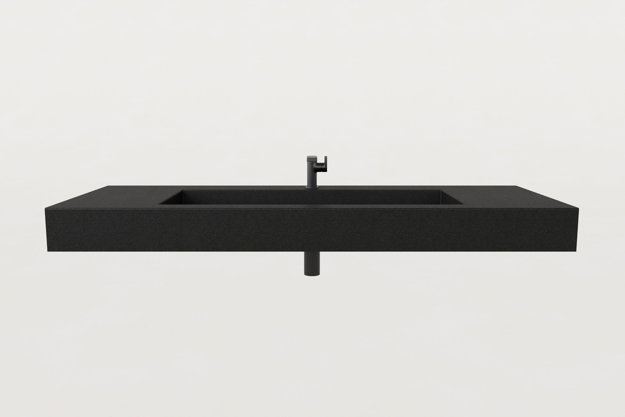 Front view of Trof Drop 60 Storm sink with matte black faucet and drain visible.