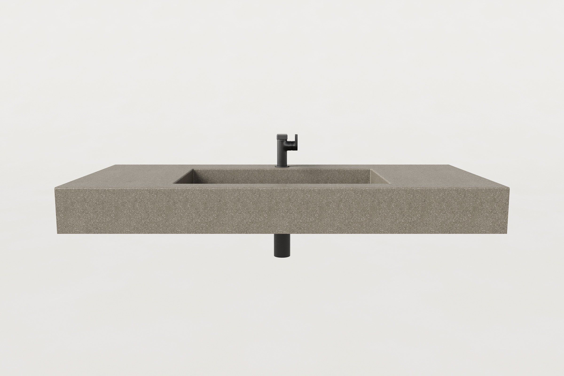 Front view of Manos Trof Drop 48 concrete sink in Hurricane finish with matte black faucet and minimalist design.