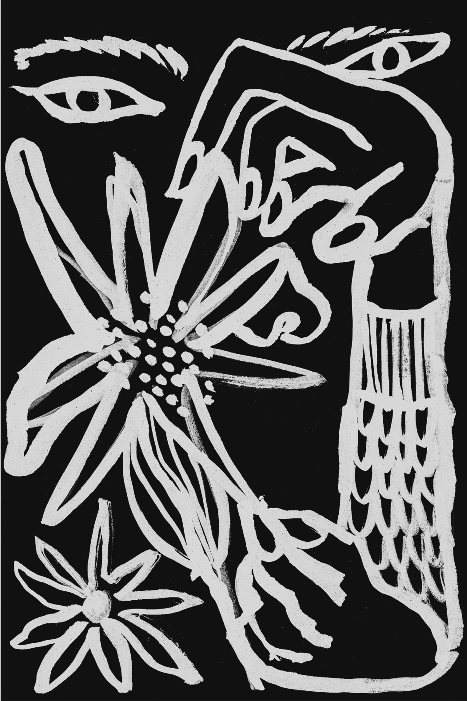 White abstract art on black background featuring flowers, eyes, and geometric patterns in a primitive, expressive style.