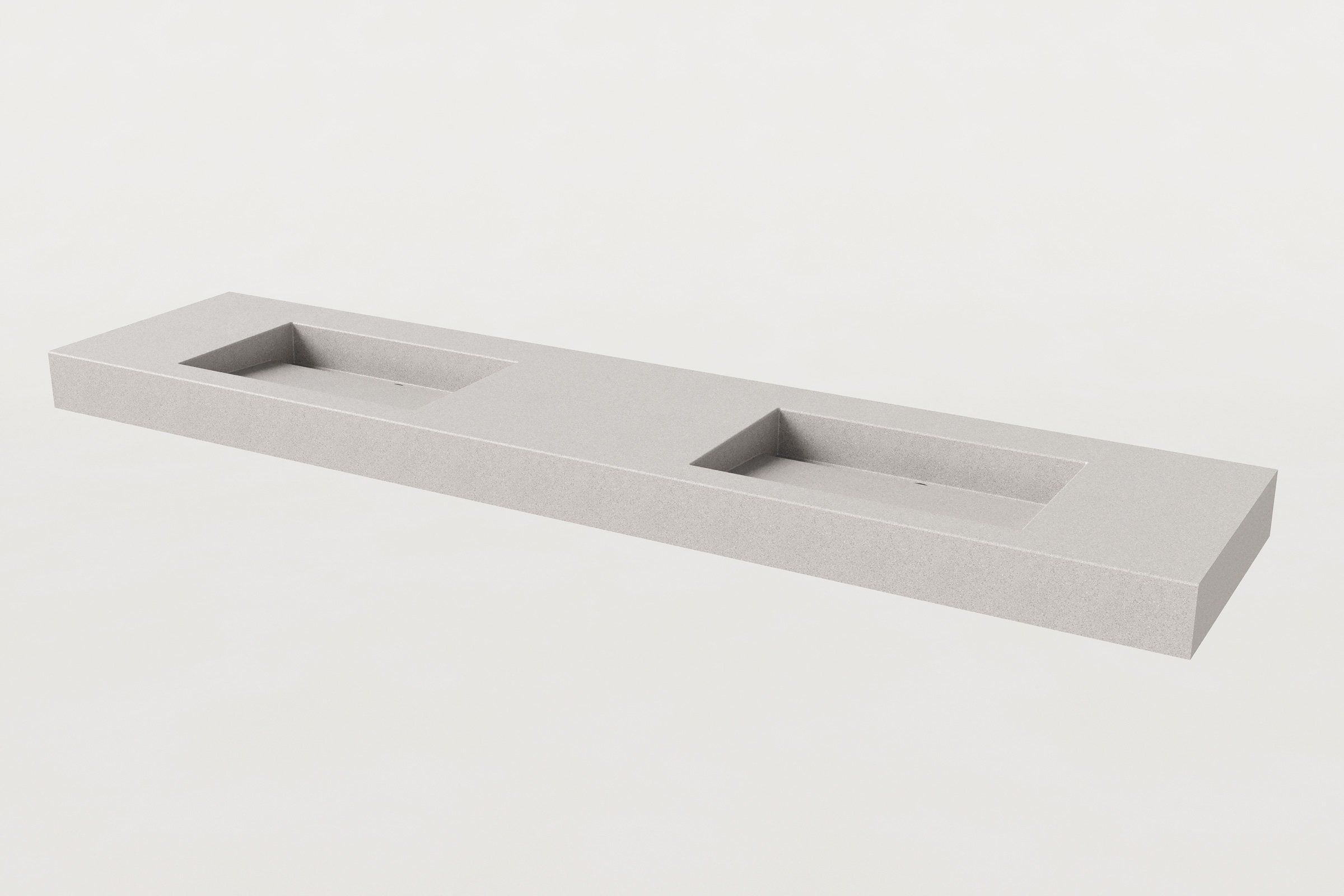 Rectangular double-basin concrete sink in fog finish, no fixtures installed.