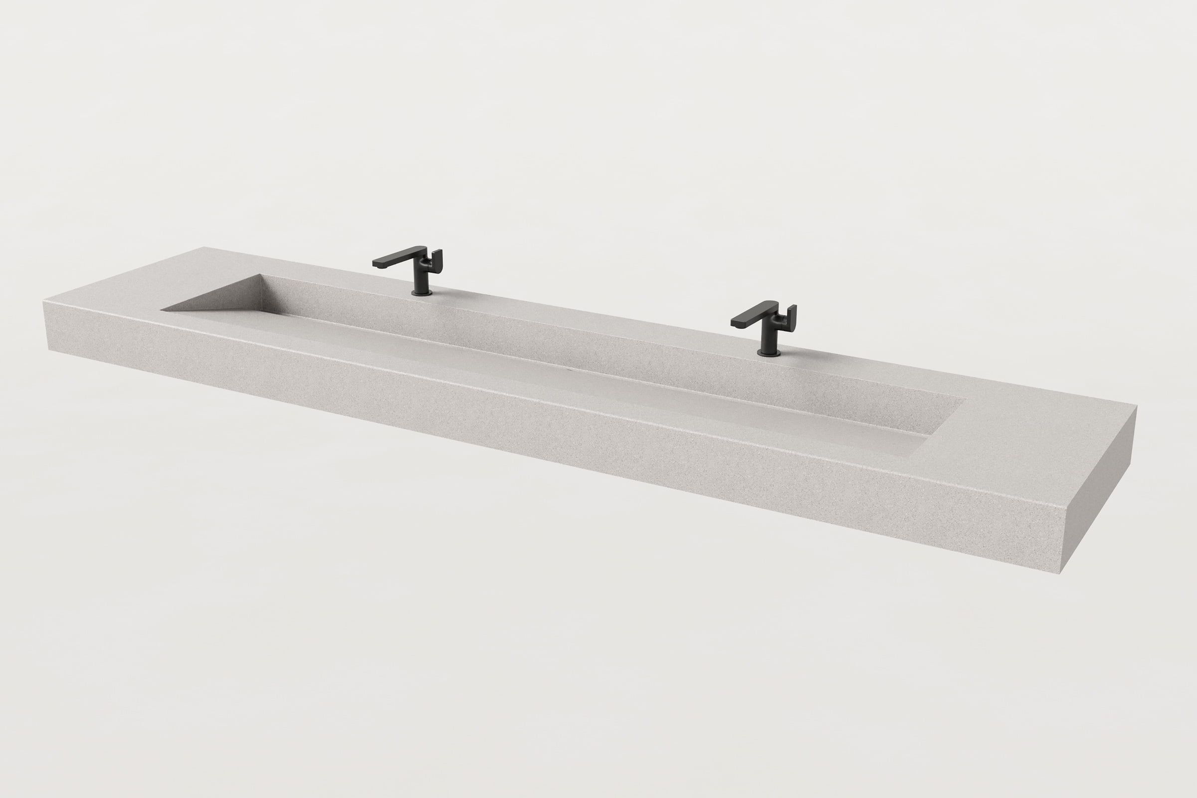 Gray Trof sink with two matte black faucets.