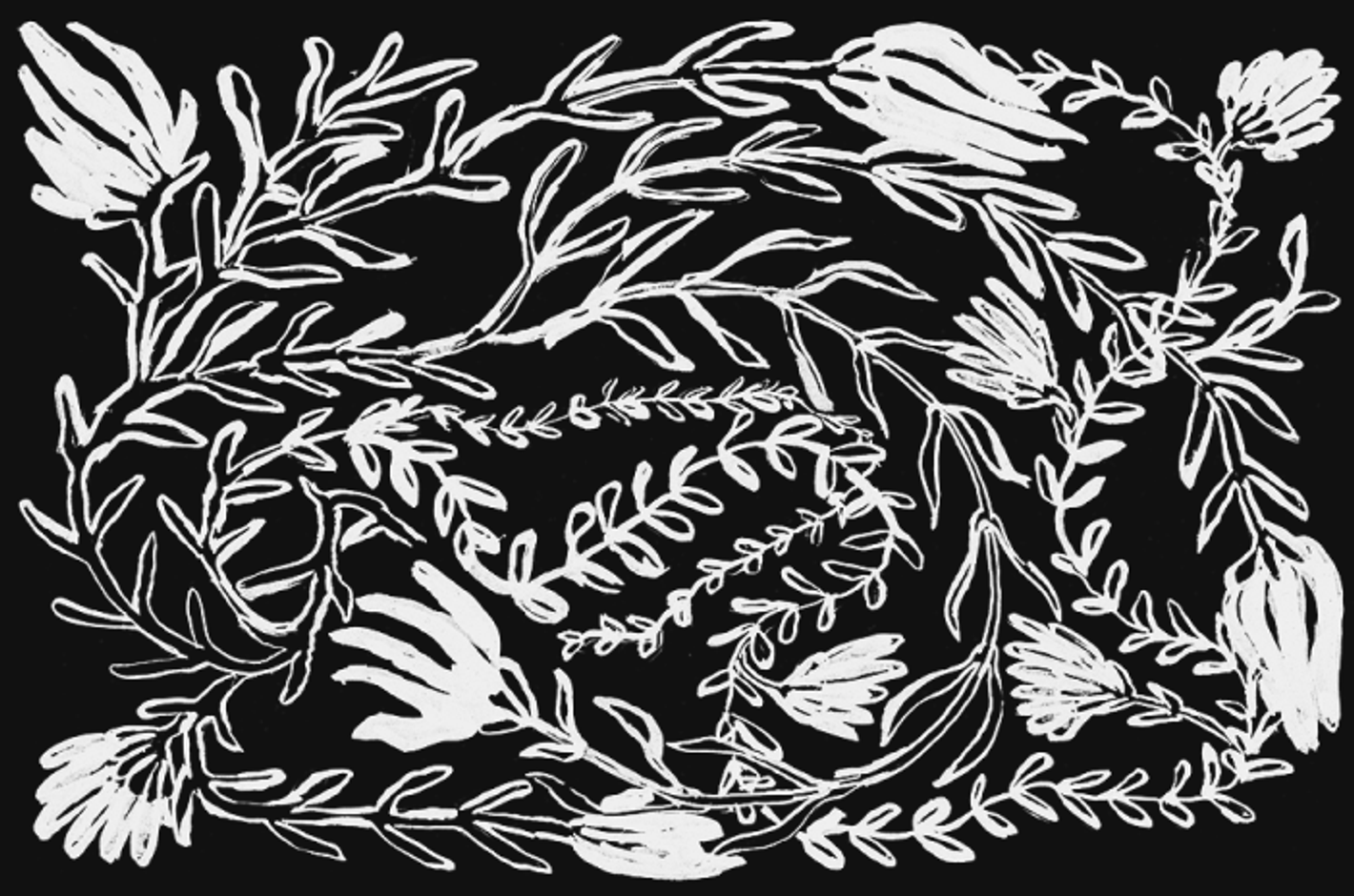 Black and white botanical artwork showing white floral elements and branching stems against a black background in a decorative pattern.