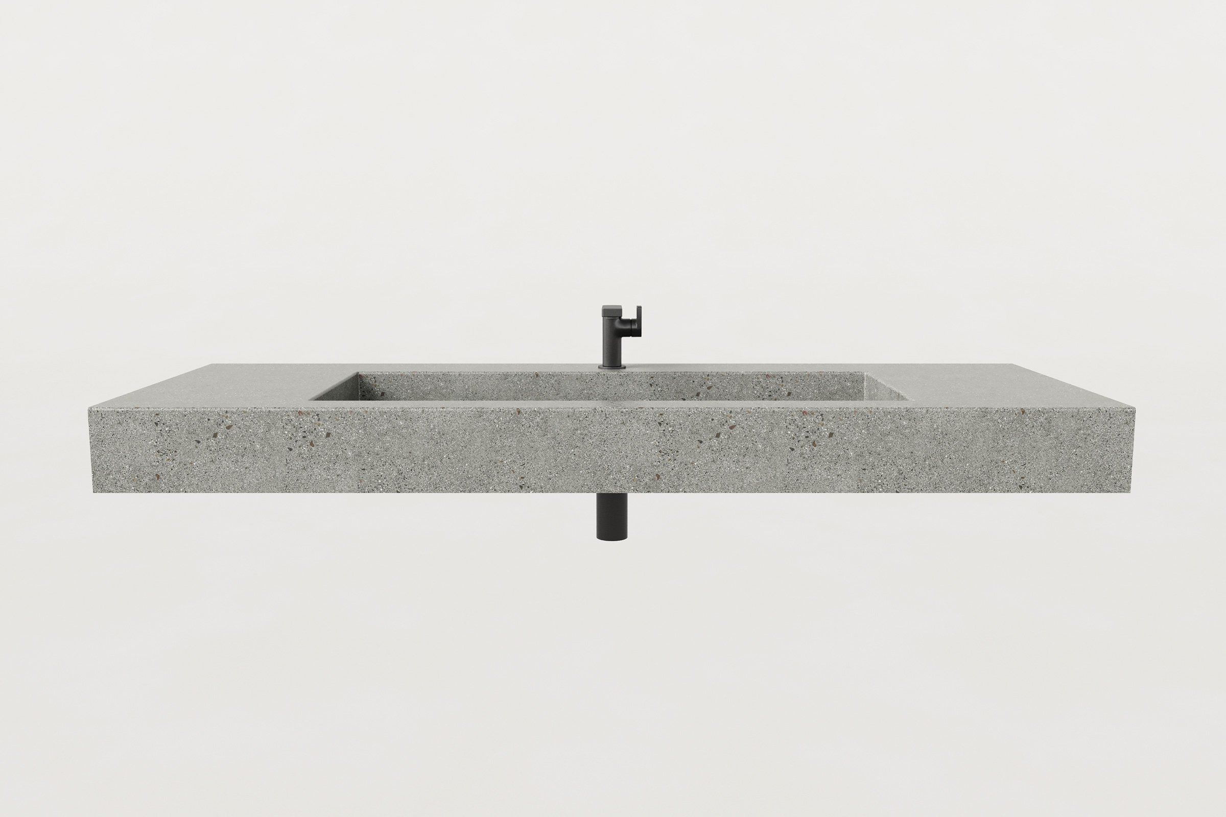 Front view of Trof Drop 60 Juda sink with matte black faucet and drain visible.