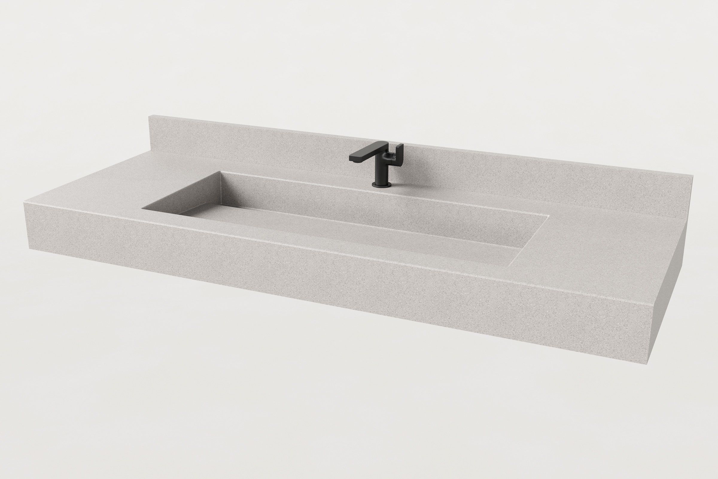 Trof Drop 60 sink in Fog finish, ¾ angled view with matte black faucet and matching Fog backsplash.