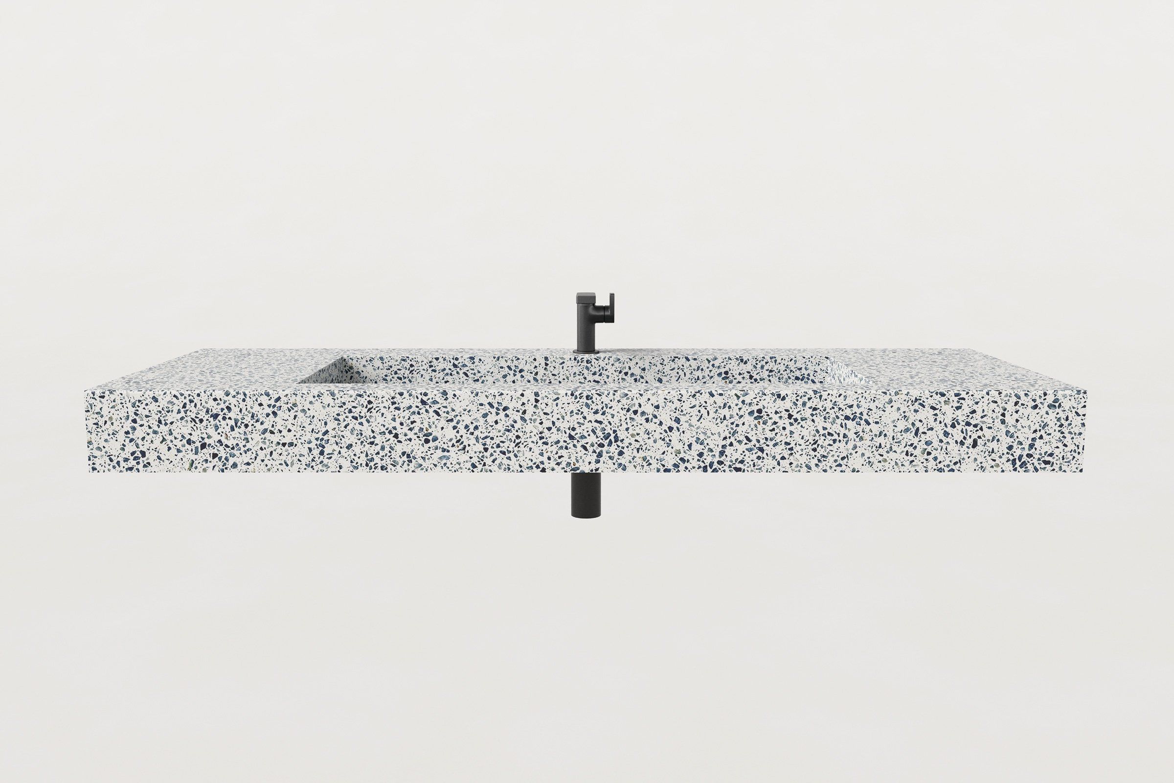 Frontal elevation of the terrazzo sink with faucet and drainpipe visible.