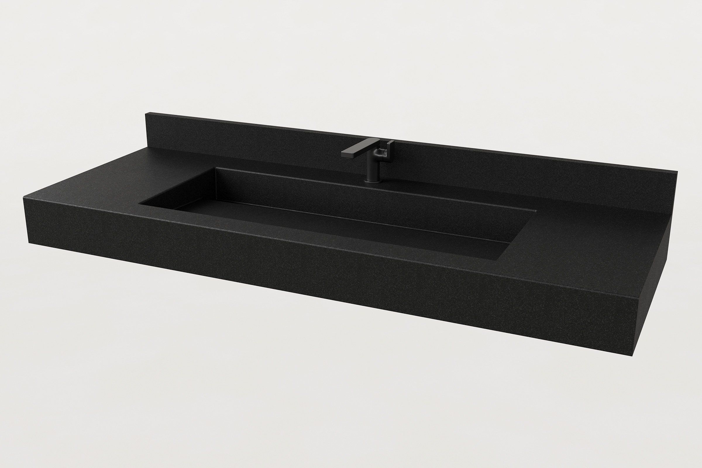 Trof Drop 60 Storm sink with integrated backsplash and matte black faucet.