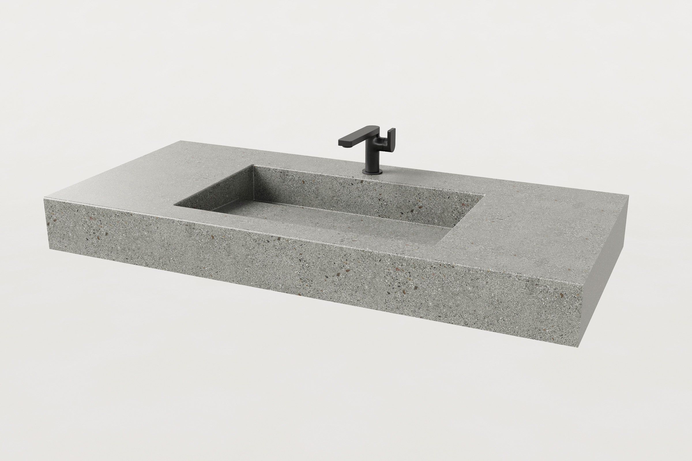 Manos Trof Drop 48 concrete sink in Juda finish with matte black modern faucet.