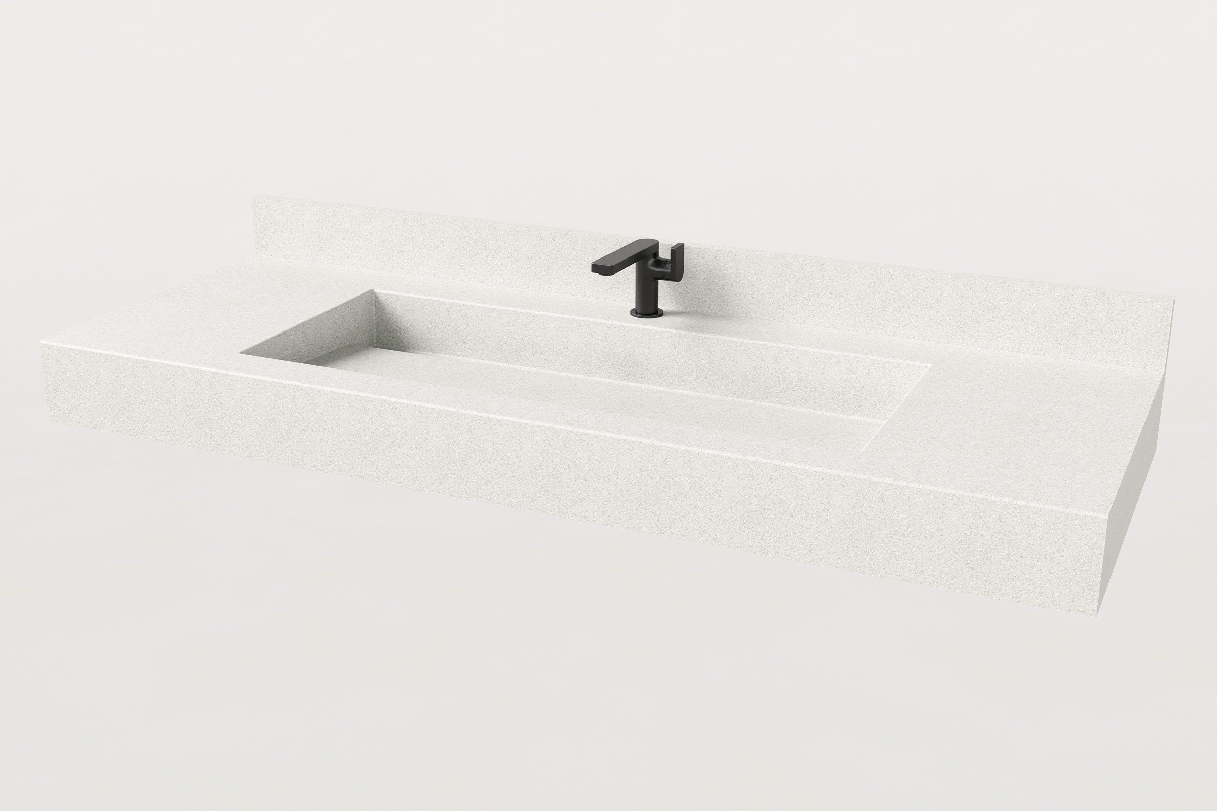 Trof Drop 60 Chalk concrete sink with integrated trough basin and matte black faucet, designed by Manos for modern ADA-compliant bathrooms.