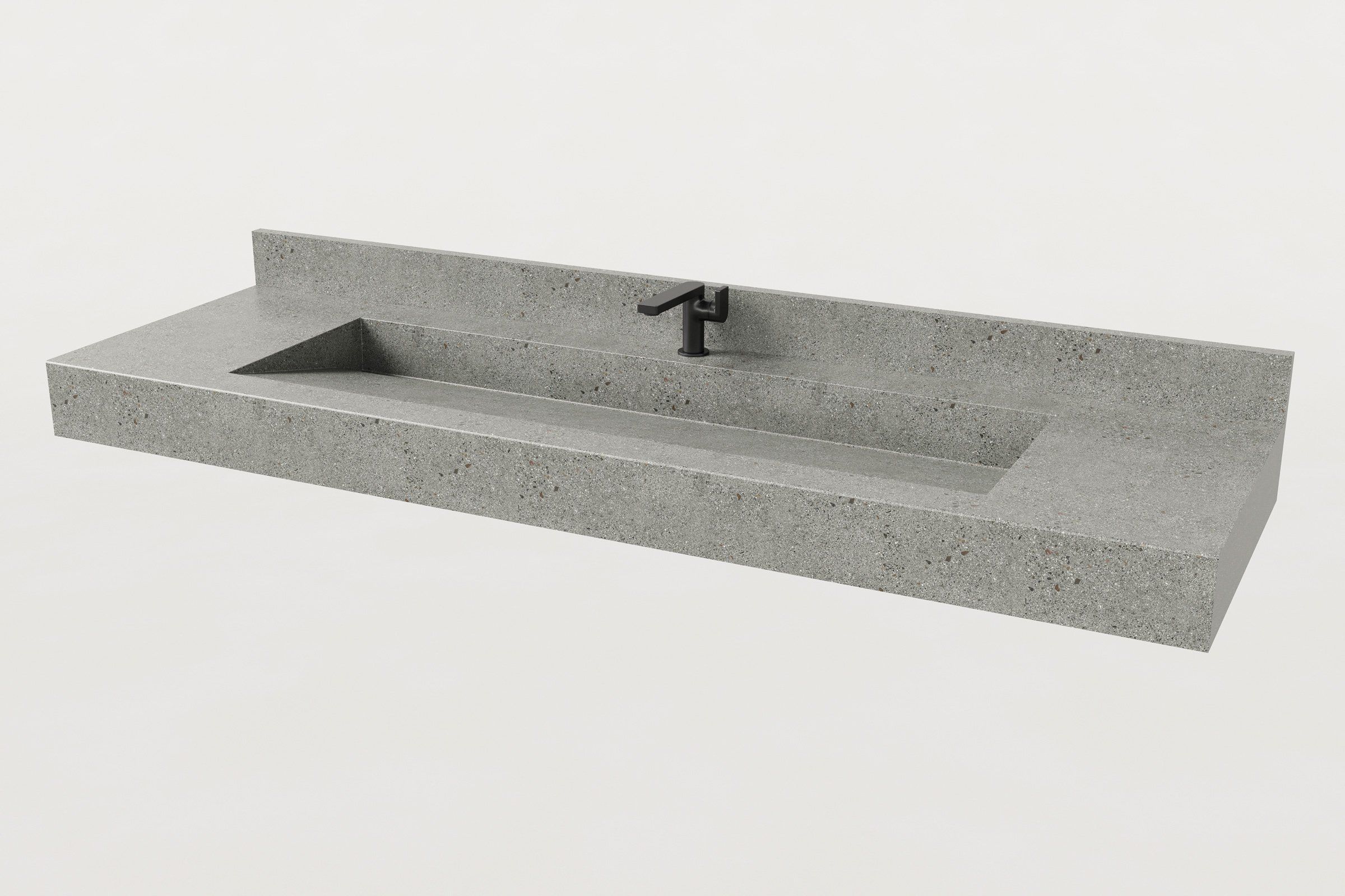 Light grey concrete sink with integrated backsplash and central black faucet, highlighting the clean angular basin lines.