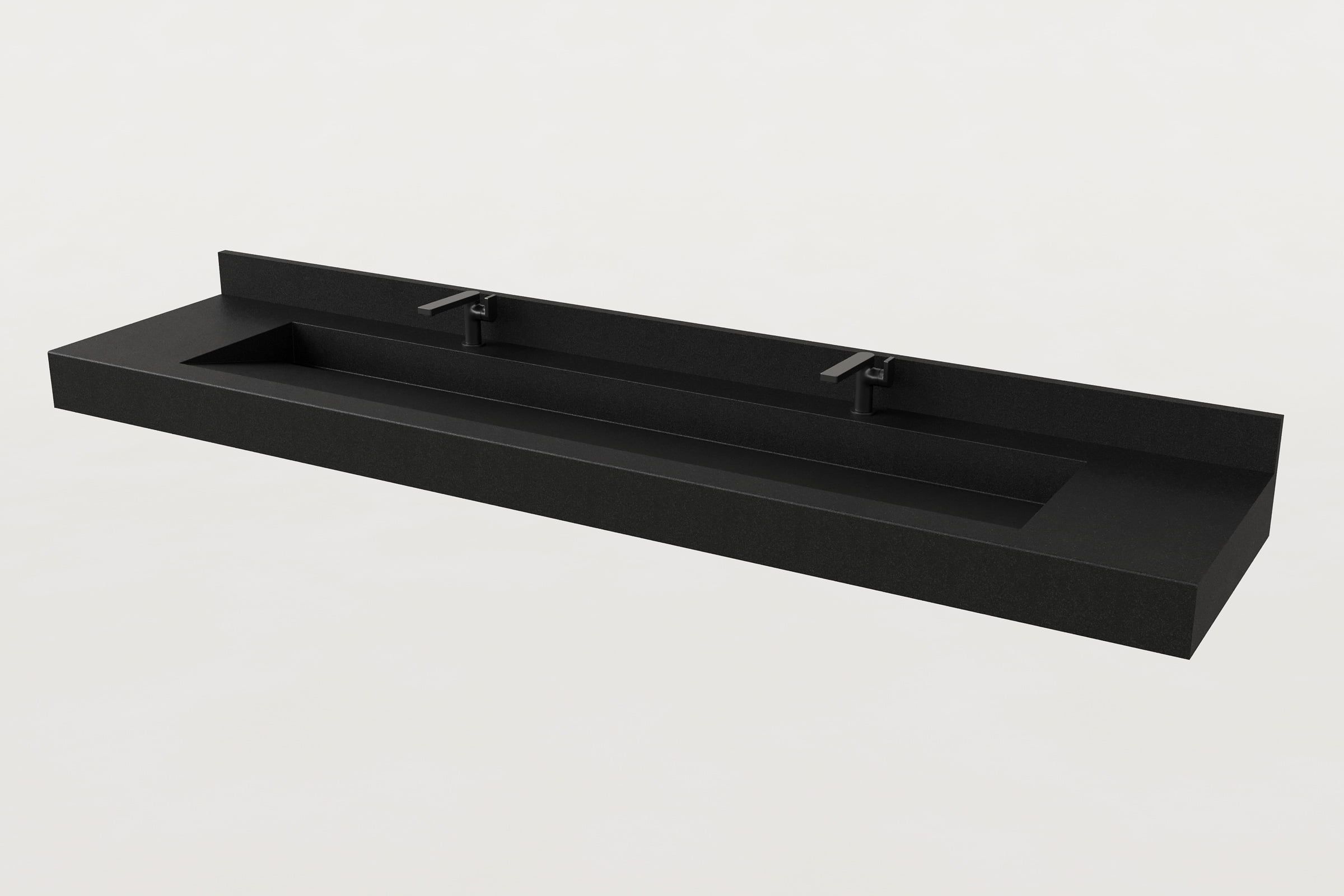Black double-faucet Trof sink with backsplash.