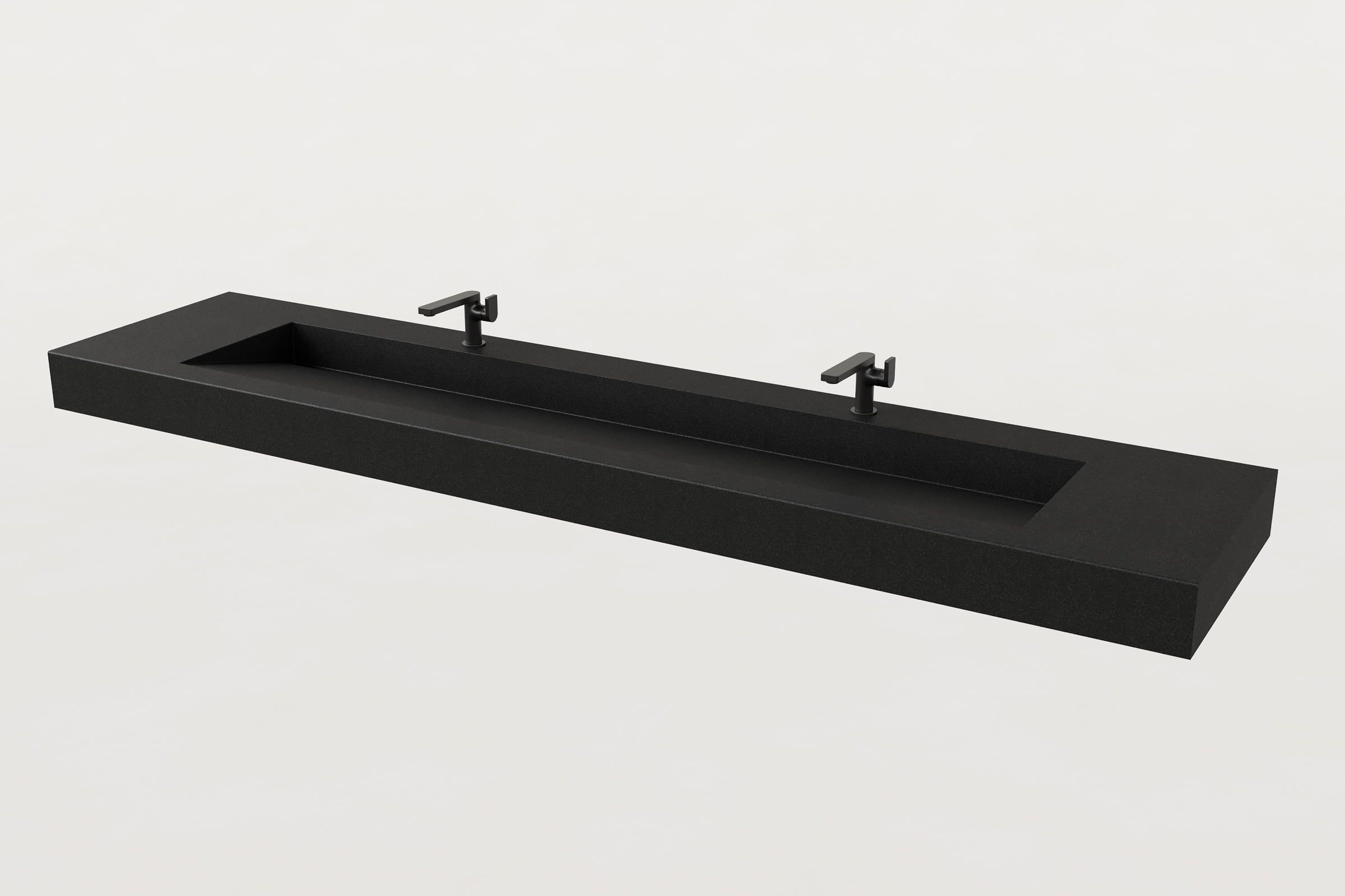 Black Trof sink with two matte black faucets.