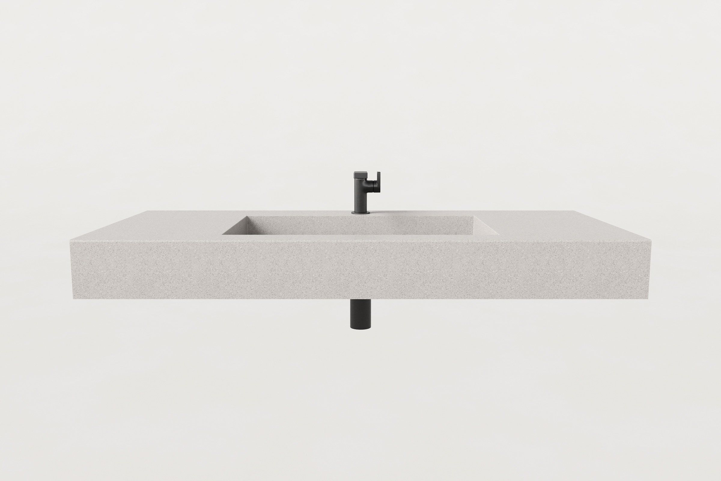Front view of Manos Trof Flow 48-inch Fog concrete sink with black faucet and minimalist design.
