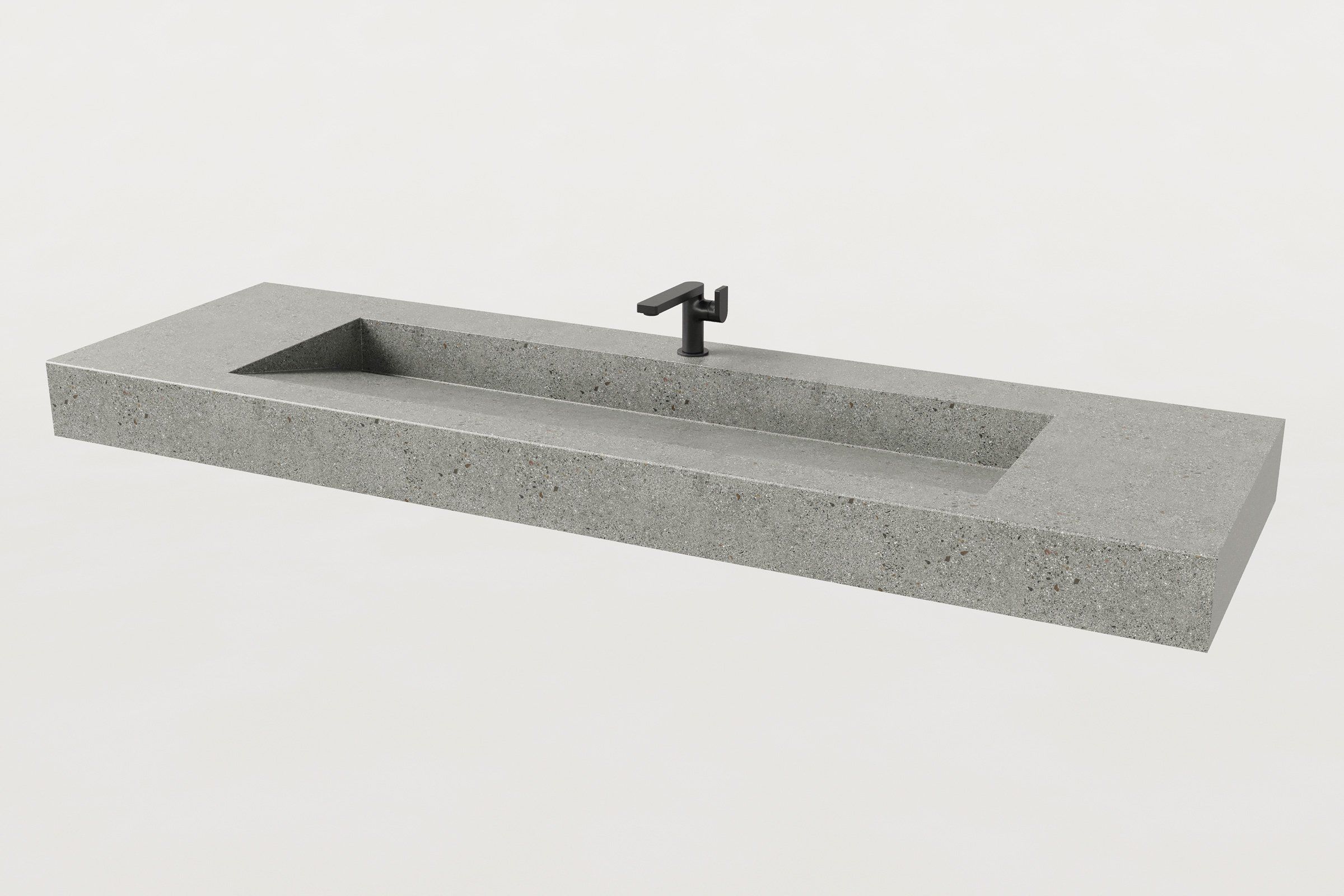 Same light grey sink, now with a black modern faucet installed in the center.