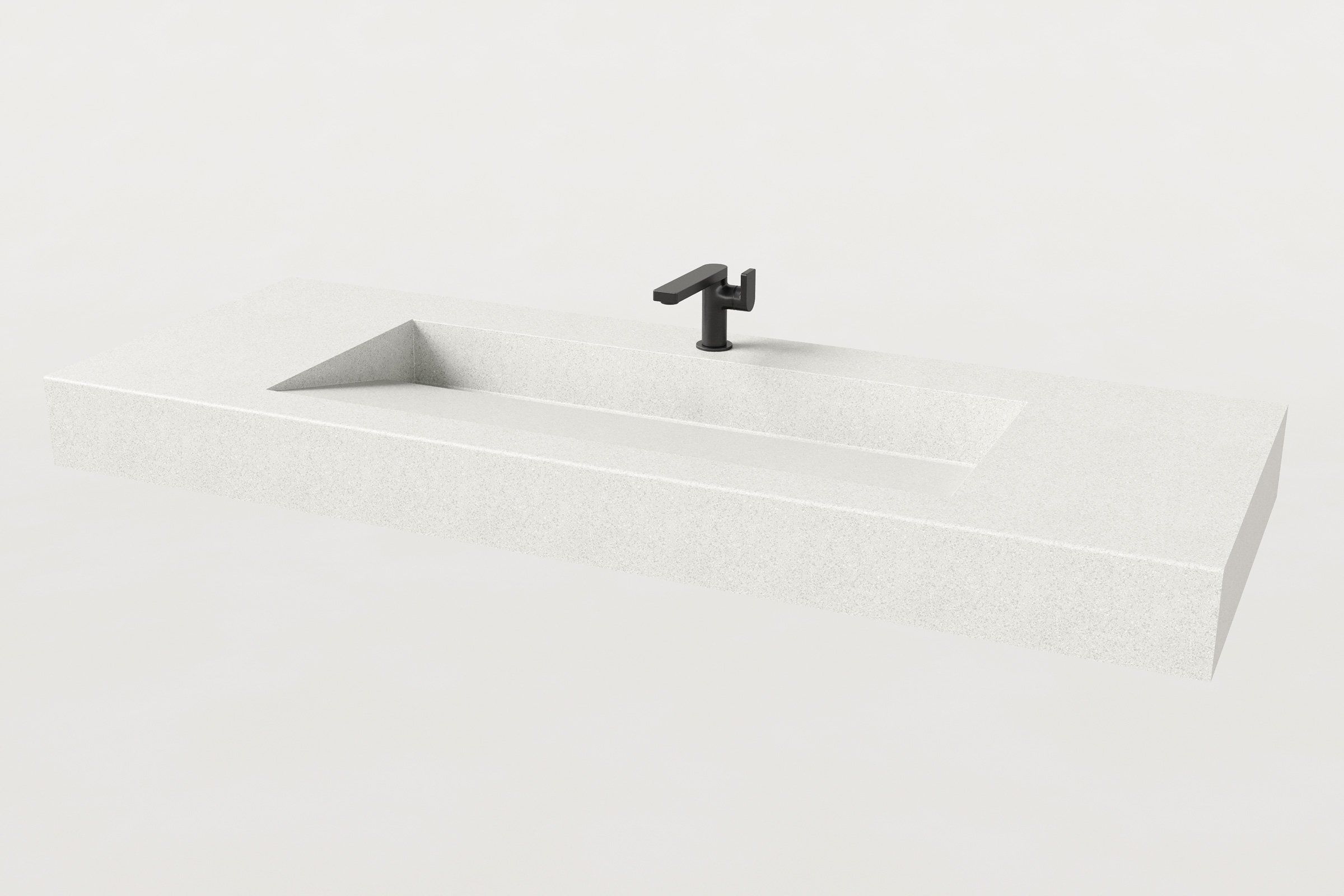 Render of the Chalk concrete sink basin with a matte black single-hole faucet installed, no backsplash.