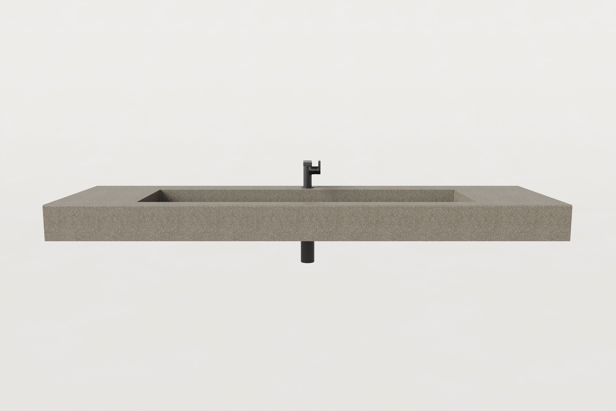Frontal view of the taupe-grey sink with faucet and visible black drainpipe below, mounted against a plain white background.