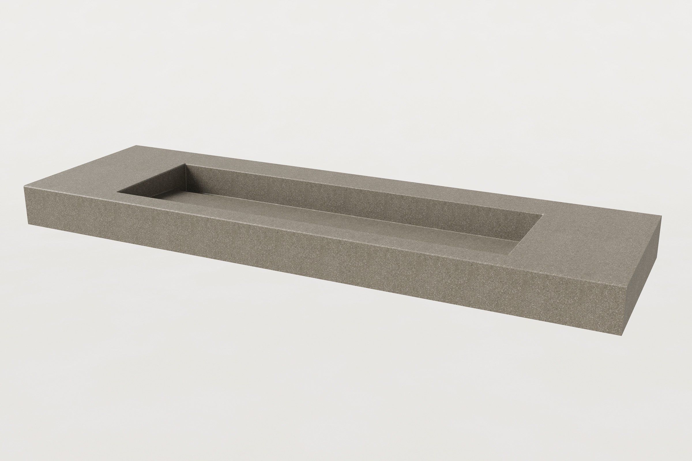 Concrete Trof Drop 72 sink in Hurricane finish, no faucet or backsplash, shown in angled view.