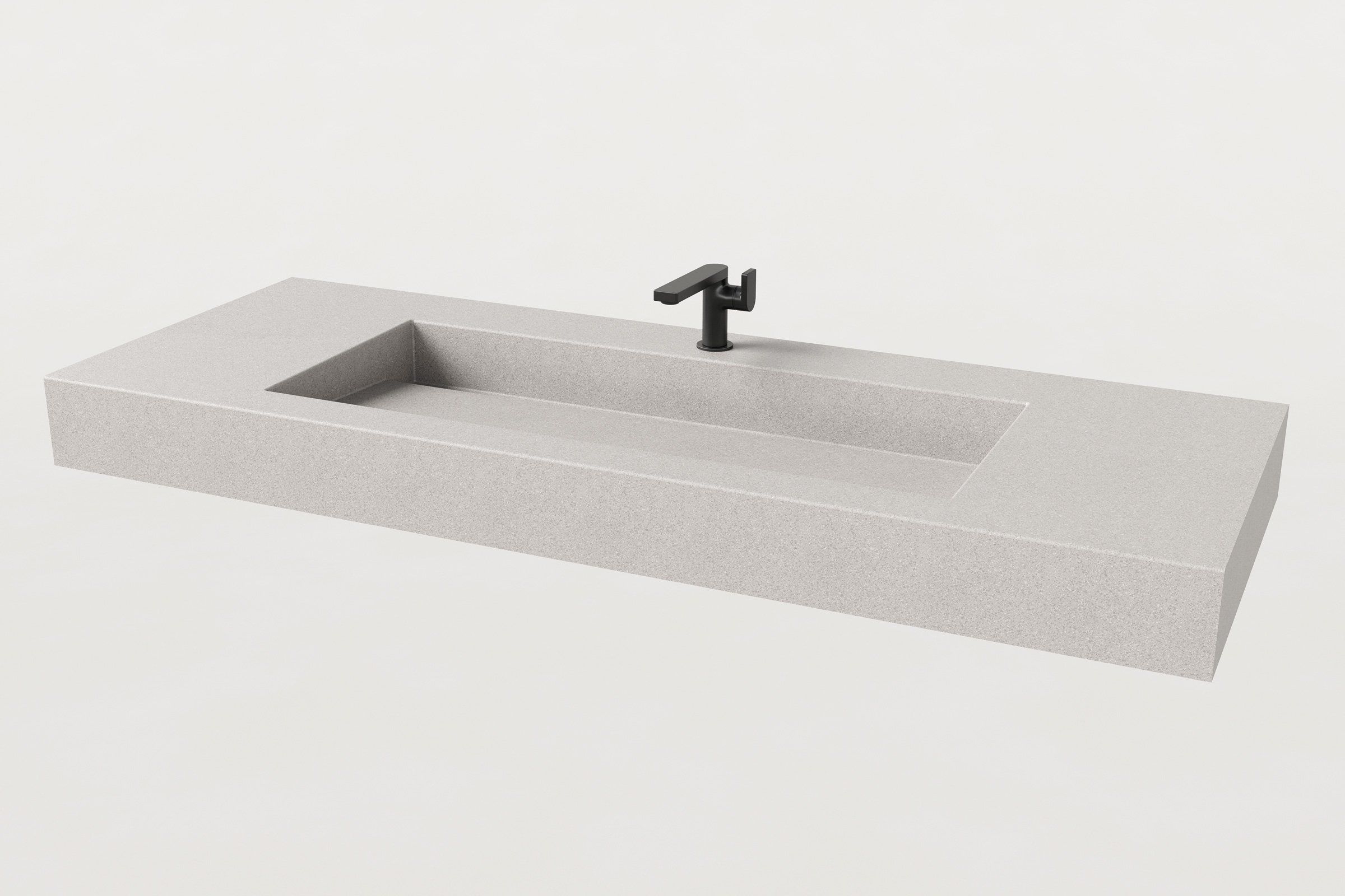 Trof Drop 60 sink in Fog finish, ¾ angled view with matte black single-hole faucet installed.