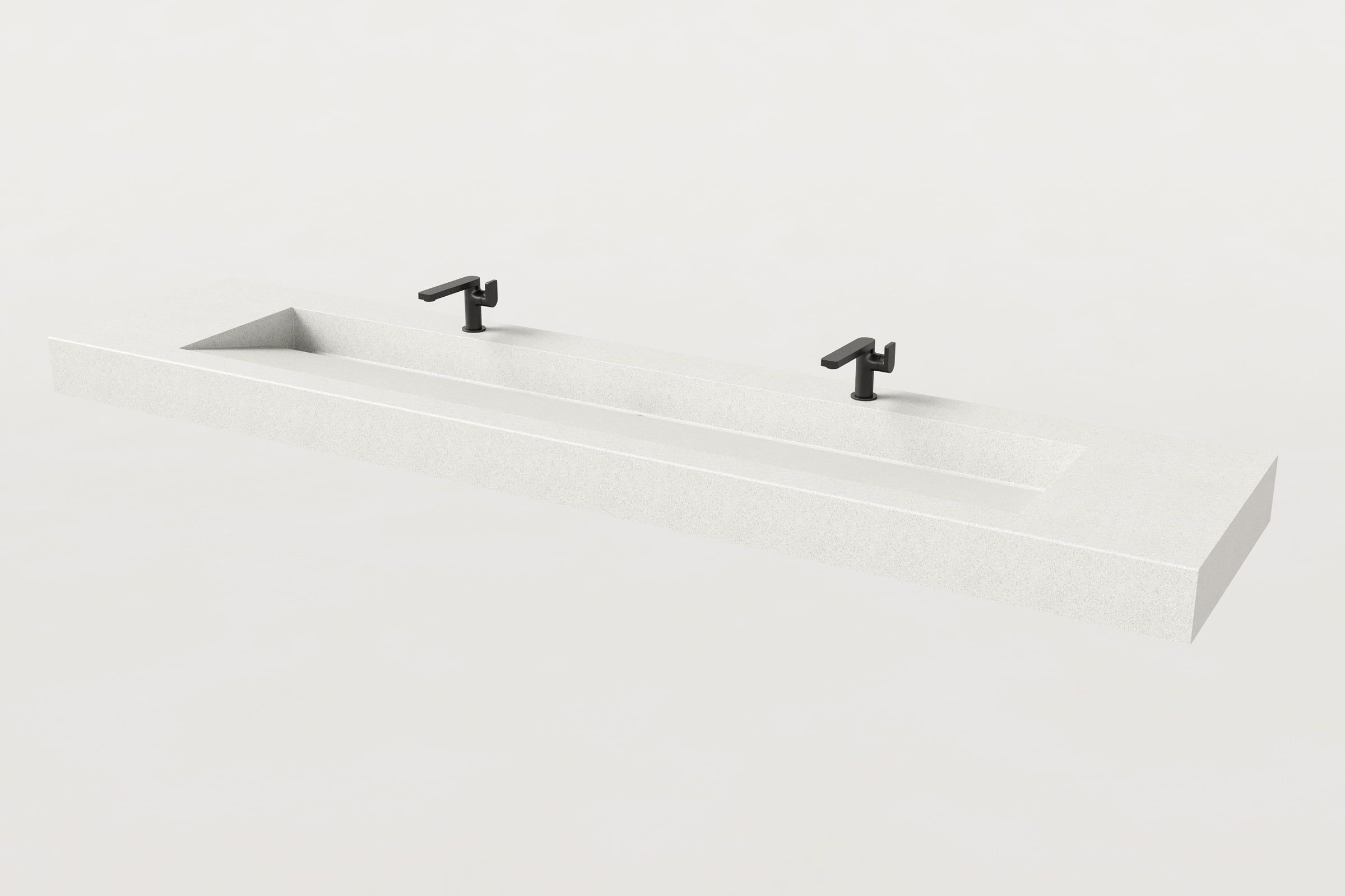 White Trof sink with two matte black faucets.