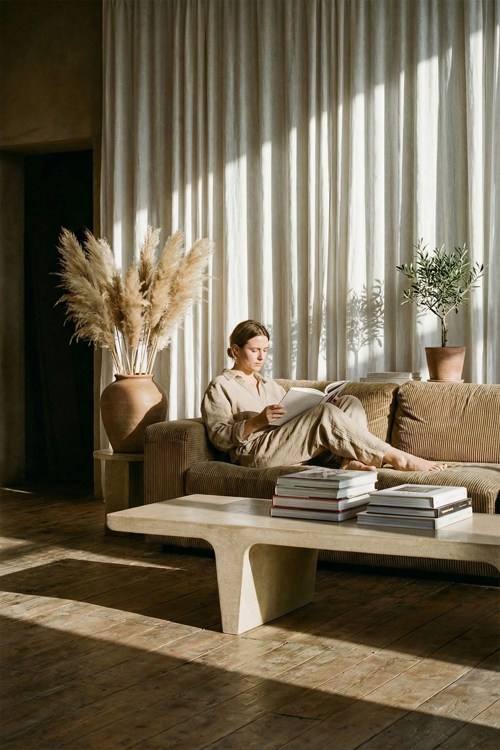 Double Tee concrete coffee table in a warm living room, styled with books, with a person seated on a sofa reading behind it.