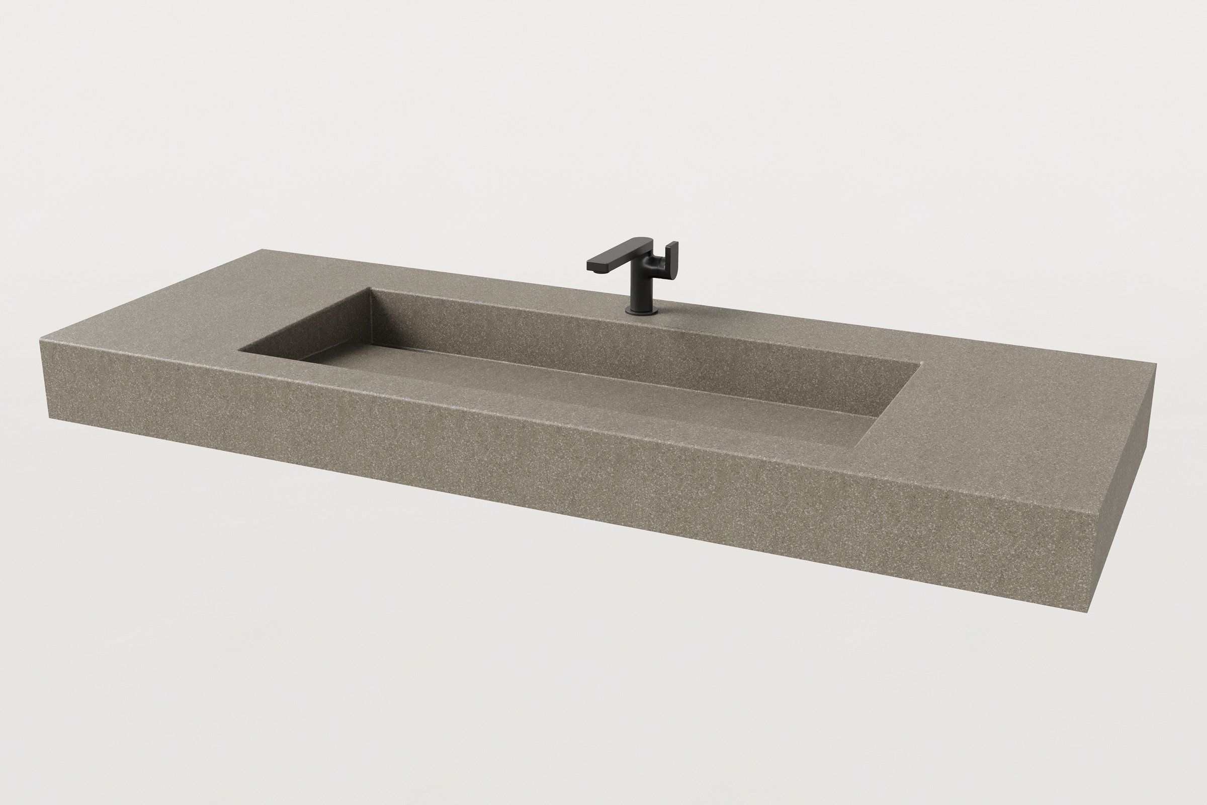 Trof Drop 60 sink in Hurricane finish, ¾ angled view with matte black single-hole faucet installed.