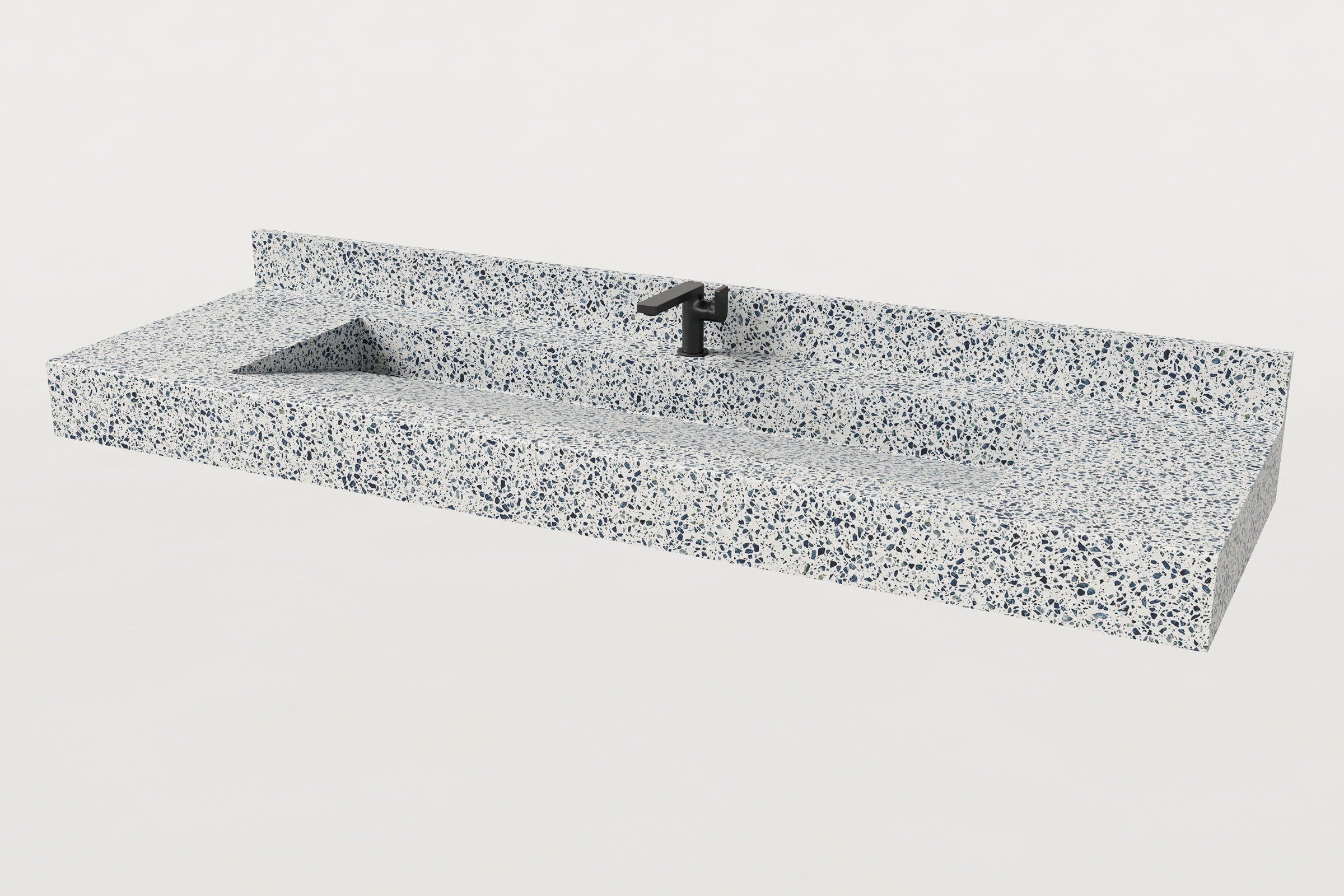 Concrete Trof sink in Unazzo terrazzo finish featuring integrated backsplash and faucet mount.