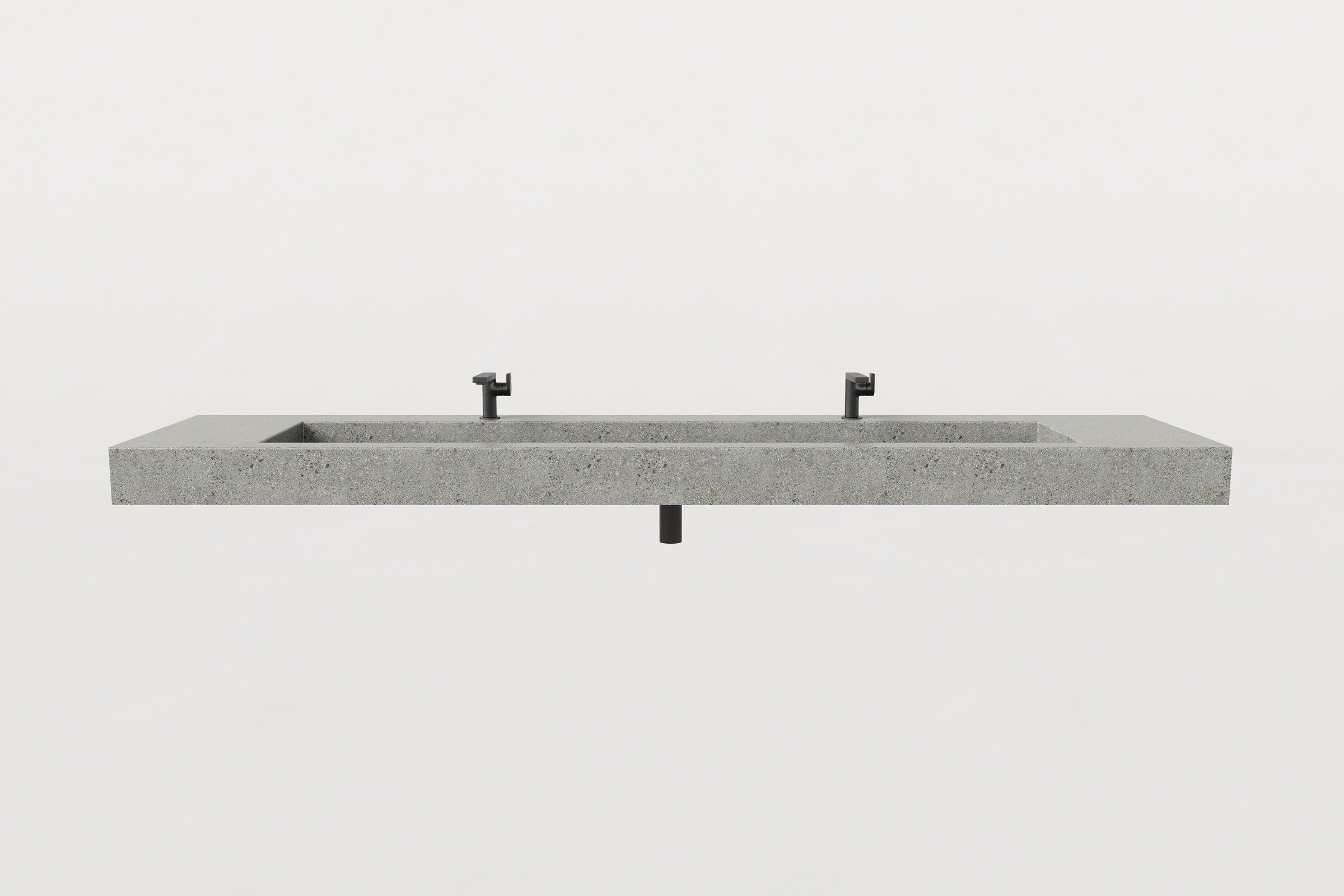 Front view of a concrete trough sink with a long rectangular basin and two black faucets.