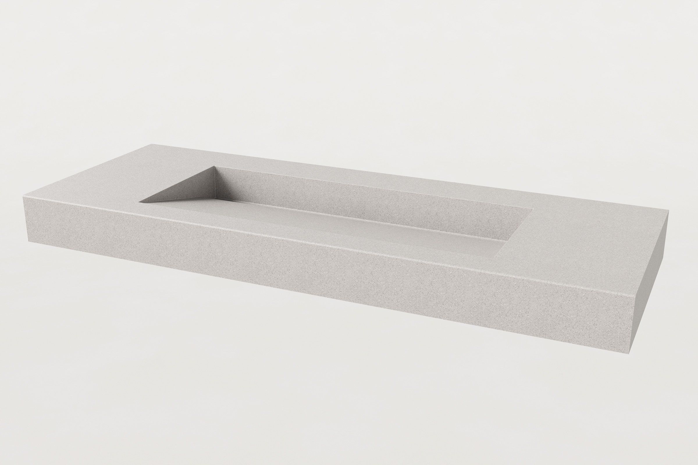 Render of a rectangular Fog concrete sink basin with a sloped trough design, without faucet or backsplash.