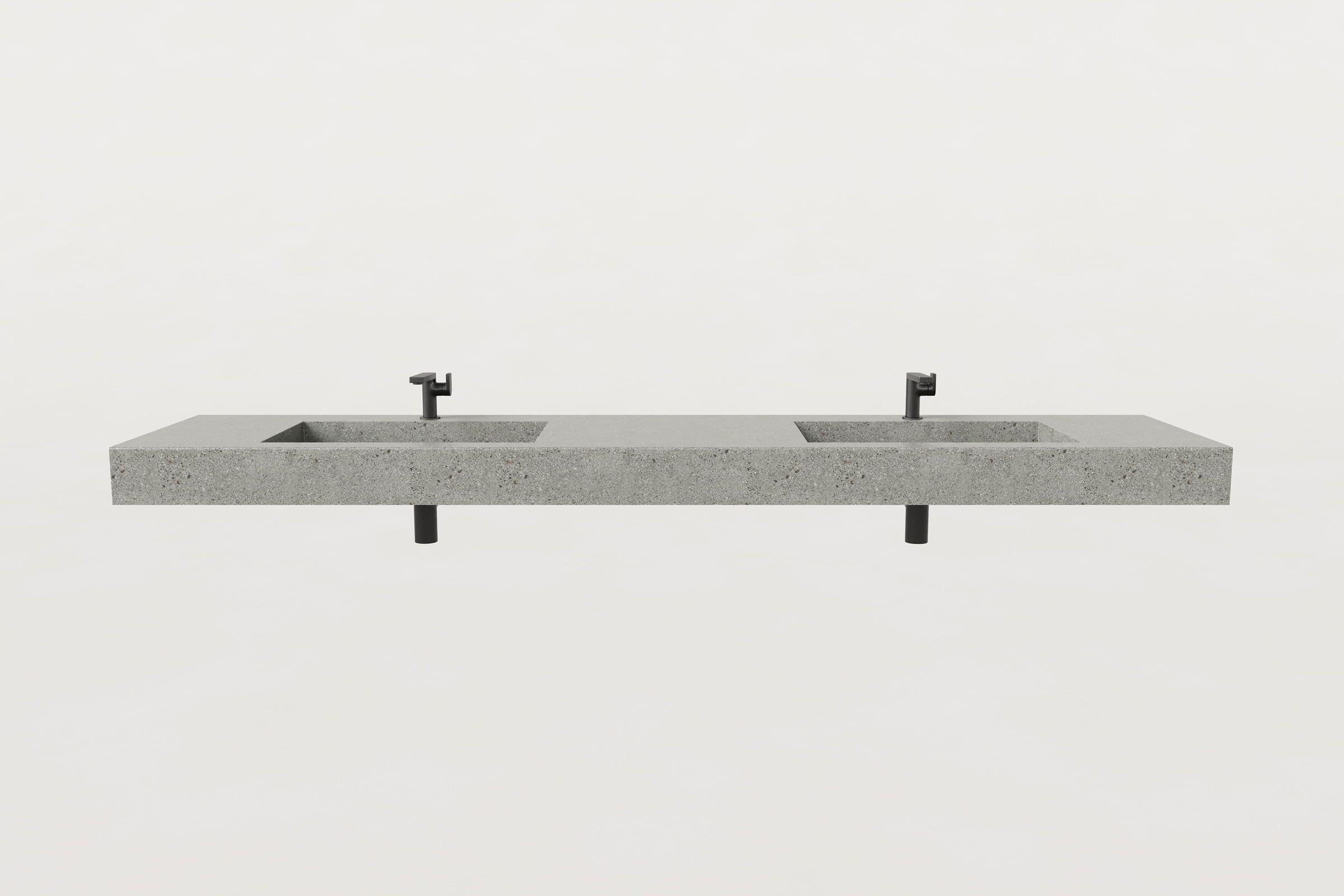 Front view of gray terrazzo double-basin Trof sink with two drains.