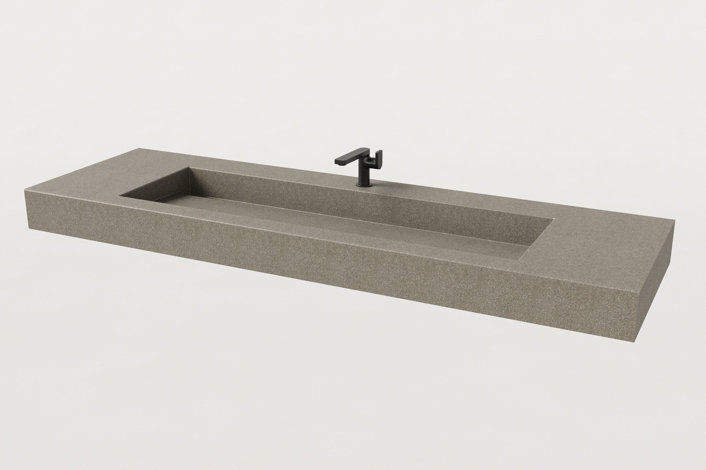 Concrete Trof Drop 72 sink in Hurricane finish with matte black faucet, no backsplash, angled view.