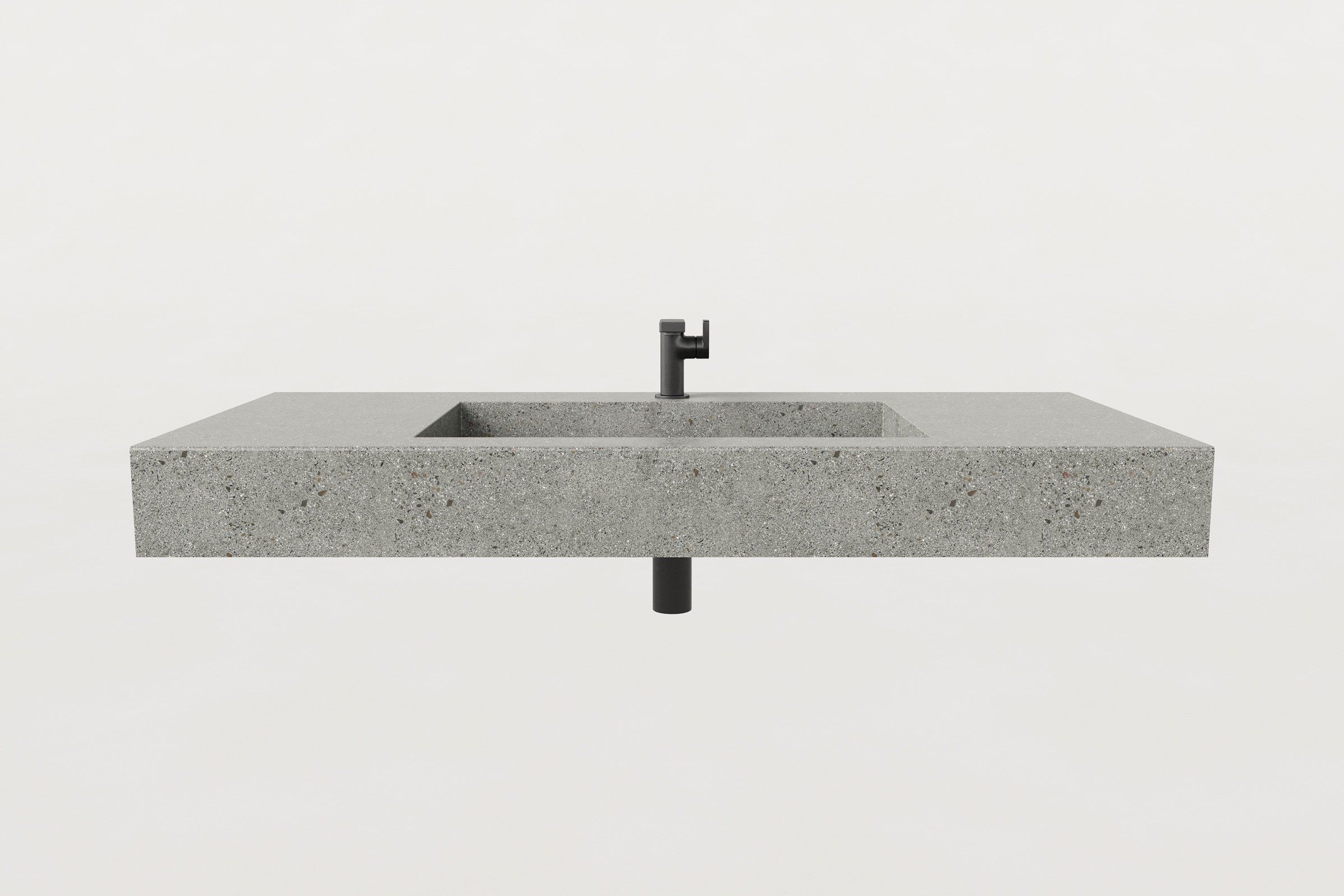 Front view of Juda finish Trof Flow 48 sink with matte black faucet and exposed drainpipe.