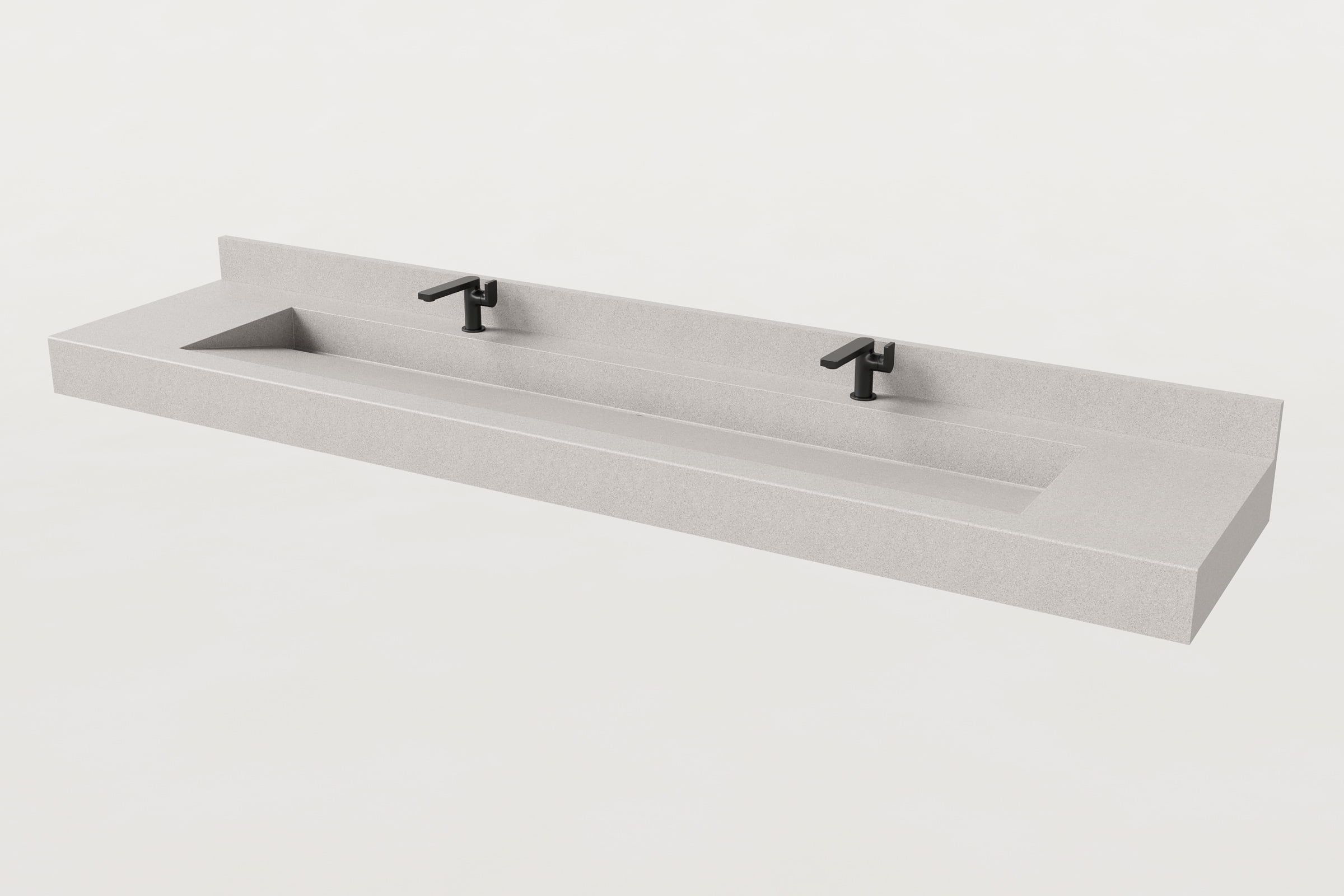 Gray double-faucet Trof sink with backsplash.