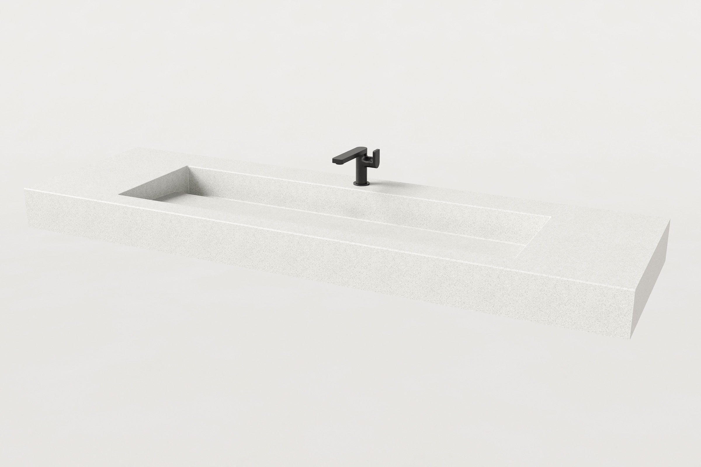 Rectangular concrete sink basin in Chalk finish with a matte black faucet.